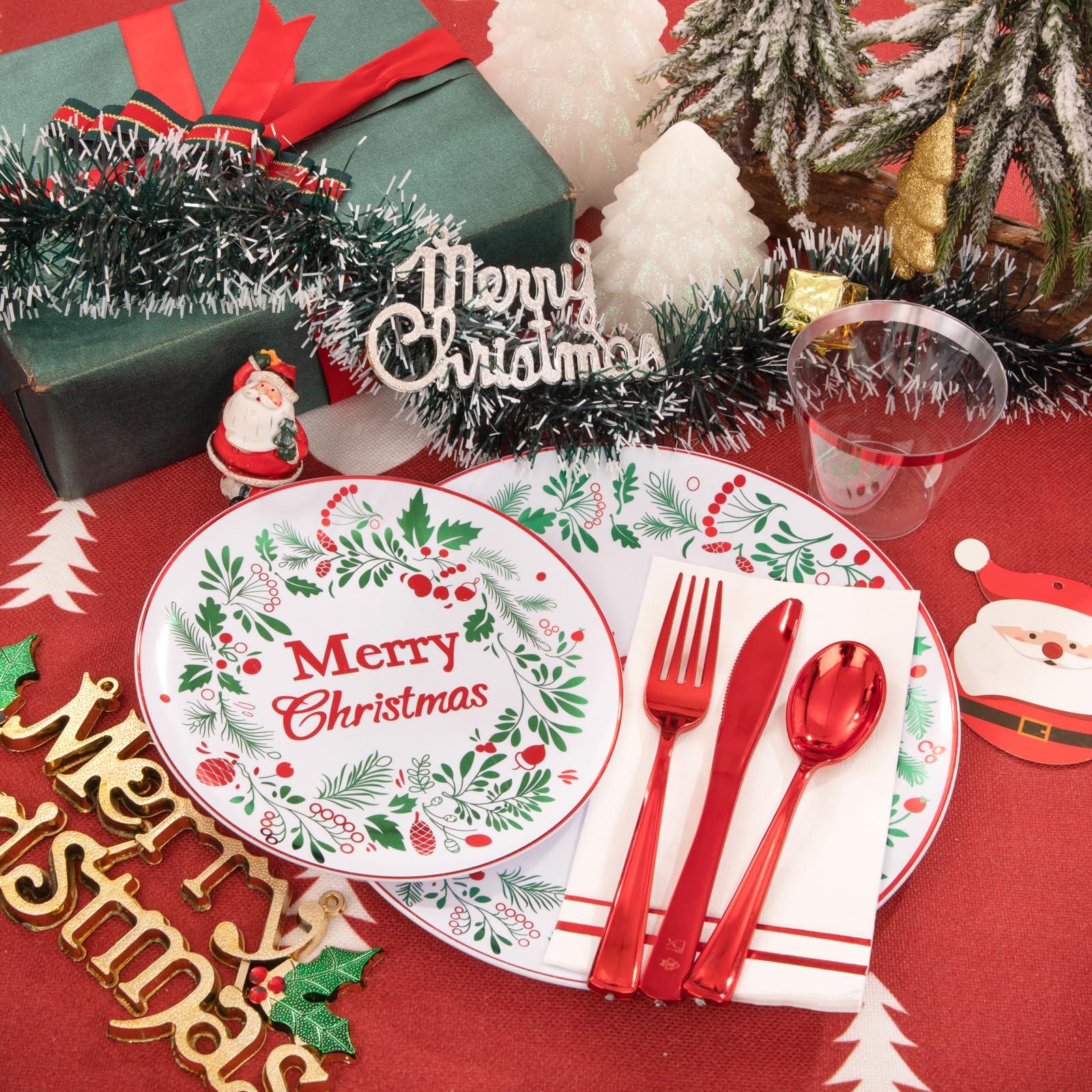 bUCLA bUCLA 175PCS Christmas Plates Dinnerware Set - Green and Red Christmas Plastic Plates and Napkins Disposable Include 25 Dinner Plates,25 Dessert Plates,75 Cutlery,25 Cups&25 Napkins