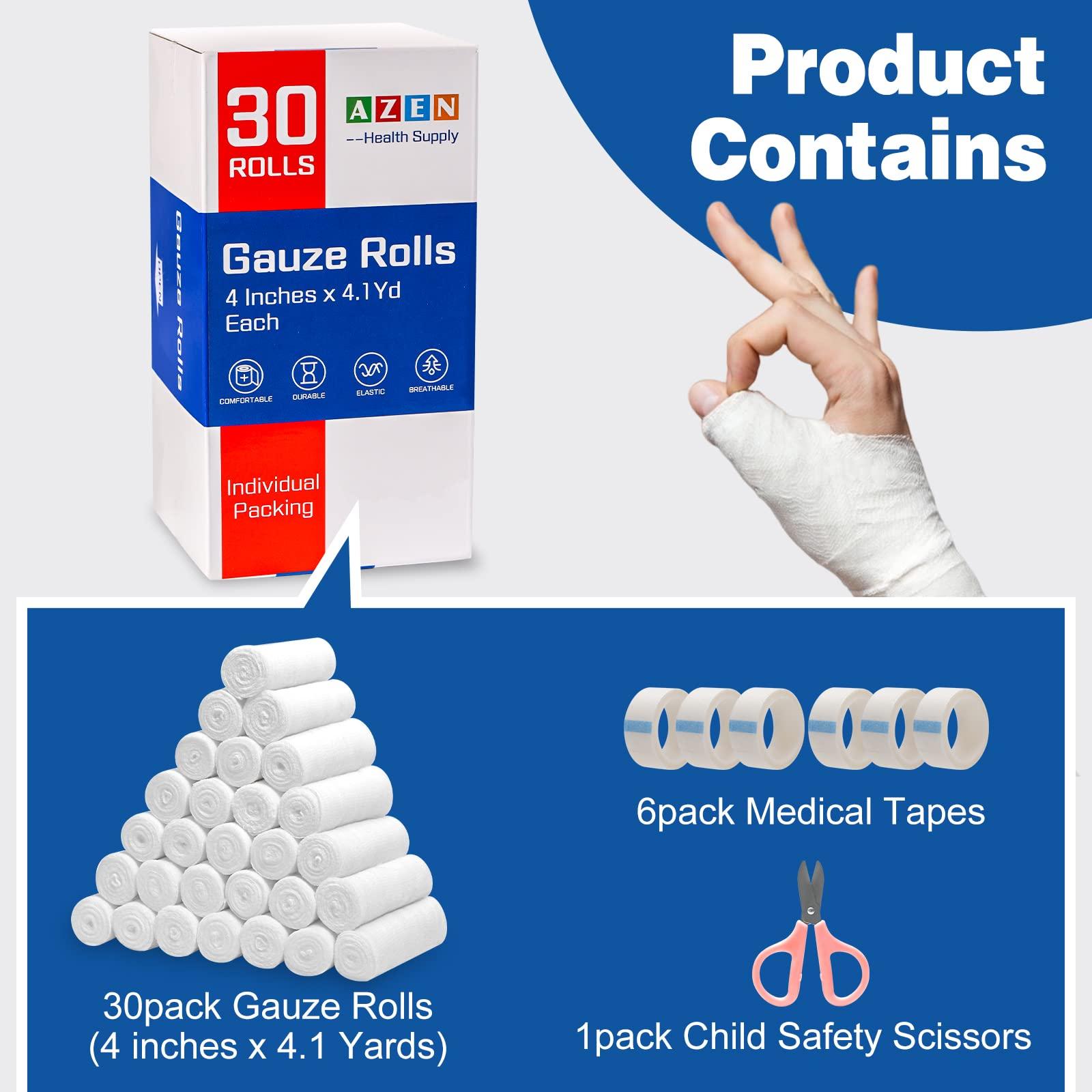 AZEN AZEN 30 Pack Gauze Rolls Bandages, 4 in x 4.1 Yards, Premium Medical Supplies & First Aid Supplies, Bandage Wrap Vet Wrap, Mummy Wraps