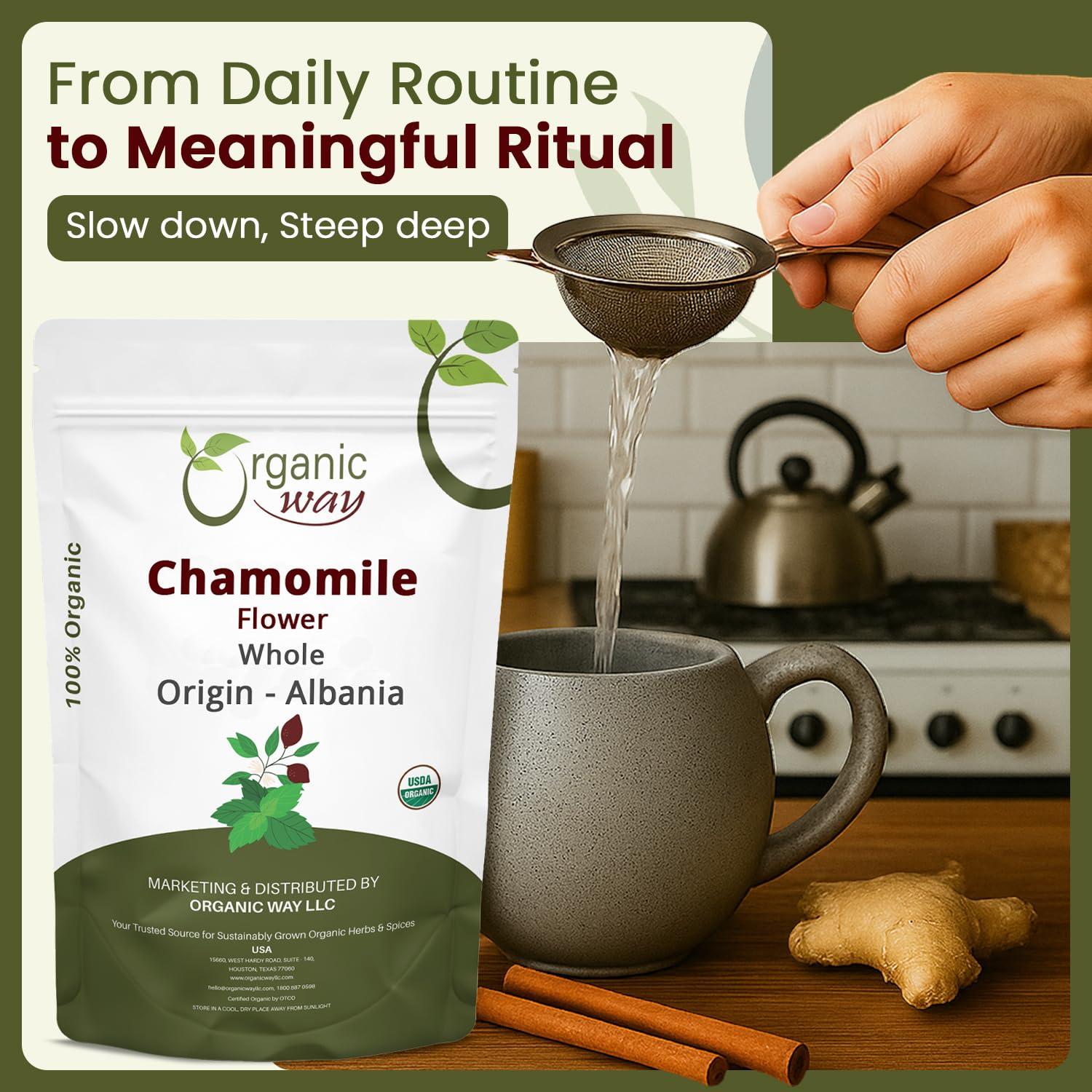 Organic Way Organic Way Chamomile Flower Whole (Matricaria chamomilla) - Herbal Tea | European Wild-Harvest | Kosher & USDA Certified | Vegan, Non-GMO & Gluten Free | 100% Raw from Albania (1/4LBS / 4Oz.)