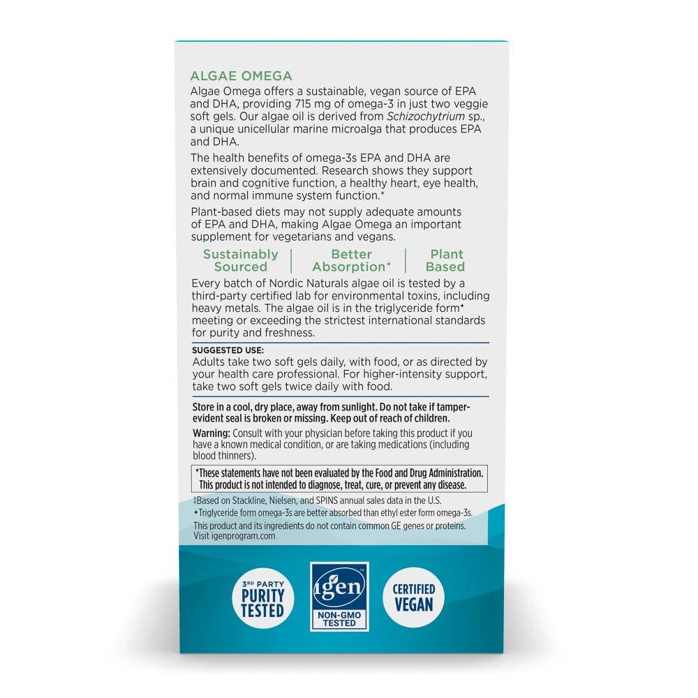 Nordic Naturals Nordic Naturals Algae Omega - 90 Soft Gels - 715 mg Omega-3 - Certified Vegan Algae Oil - Plant-Based EPA & DHA - Heart, Eye, Immune & Brain Health - Non-GMO - 45 Serving
