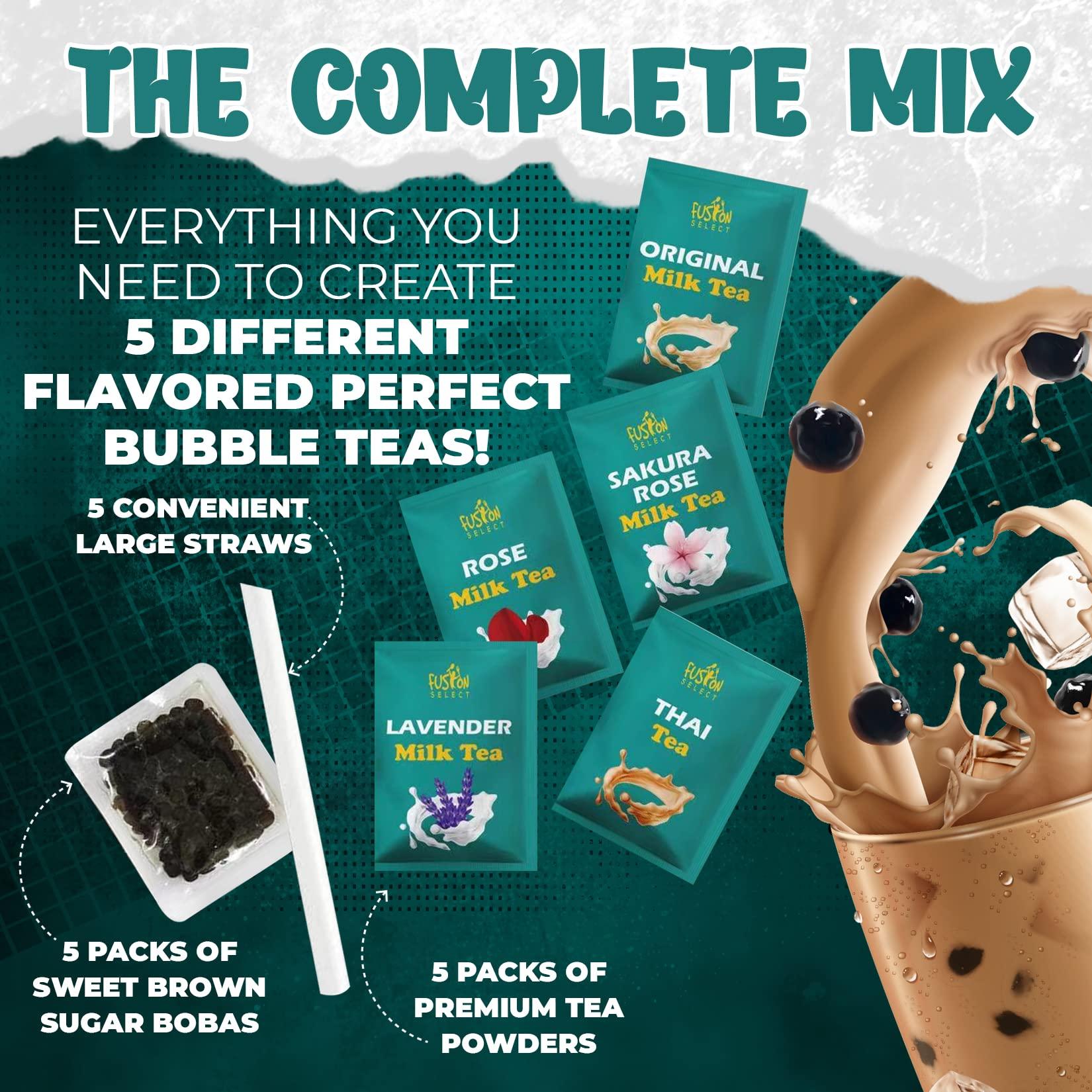 Fusion Select Fusion Select 5 Packs Authentic Tea Flavors Sakura, Lavender, Rose, Thai Tea, Original Milk Tea Boba Tea Kit Extra Rich Flavor Bubble Tea Drinks, Boba Tapioca Pearl, Boba Straws, Complete Boba Kit