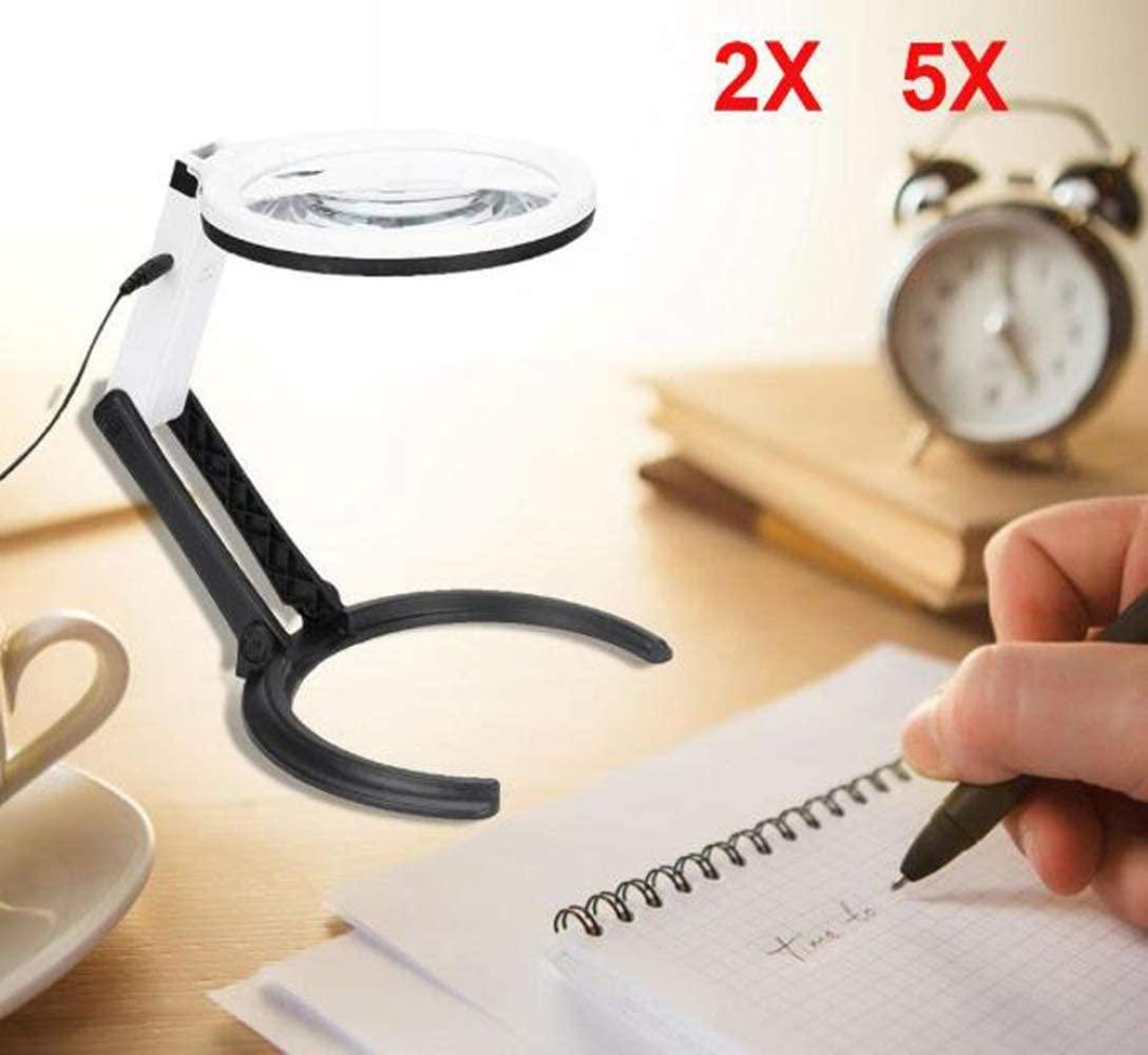 Generic Magnifier, 2X 5X Large Magnifying Glass Stand - Magnifier Lamp Work Light Mounting Bracket Hands Free Magnifying Lamp Folding Design with 12 Energy Saving Led Lights - for Reading