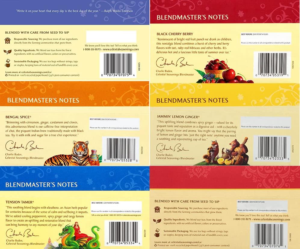 Celestial Seasonings Celestial Seasonings Herbal Tea Variety Pack, Herbal Tea Set with Rooibos, Blueberry, Tension Tamer, Cherry Berry, Bengal Spice, and Lemon Ginger Tea, 20 Caffeine Free Tea Bags Each (Pack of 6)