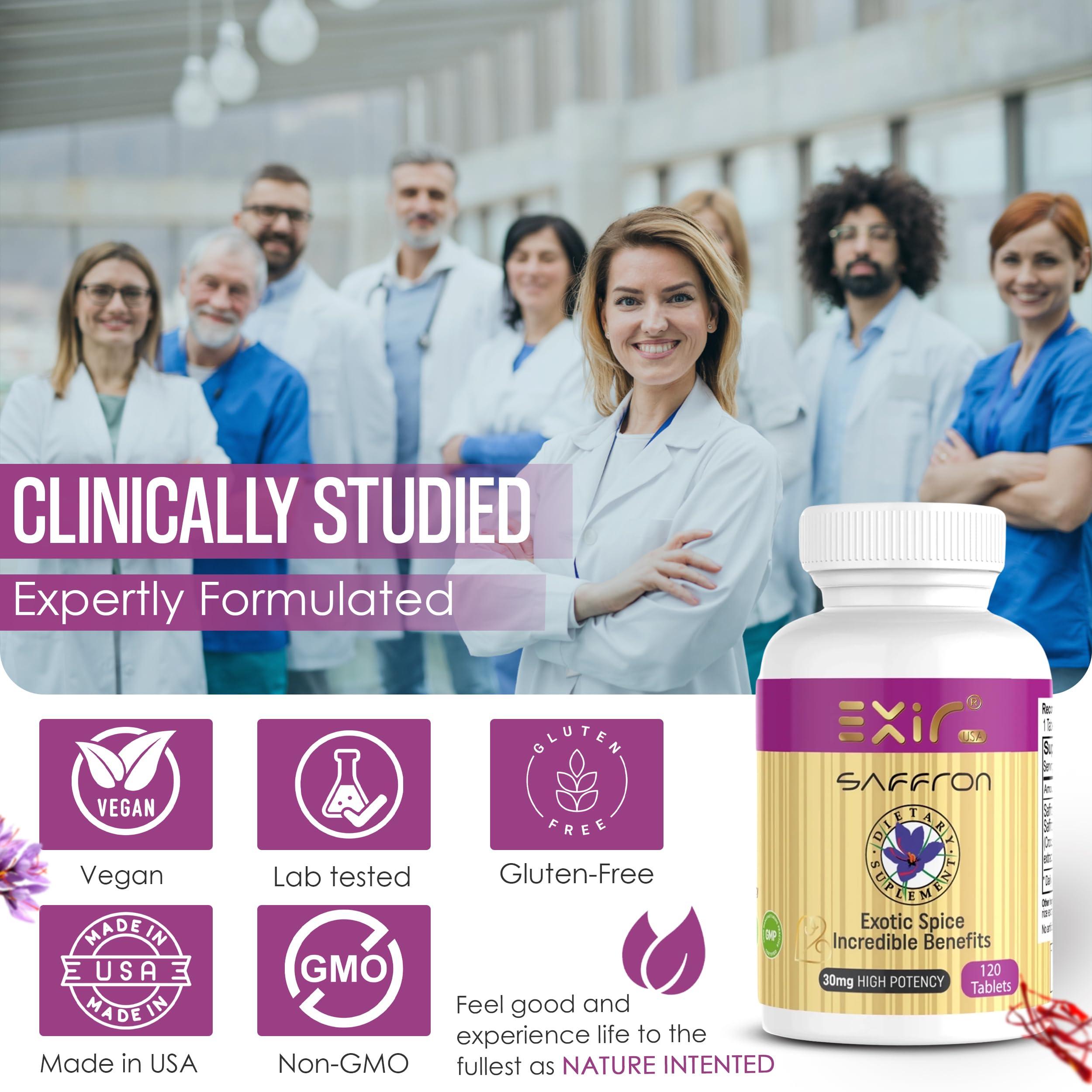 EXIR 30mg Saffron Supplement Tablets - Focus, Mental Clarity & Cognition - Nootropic Saffron Supplement with Natural Saffron Powder, 120 Tablets