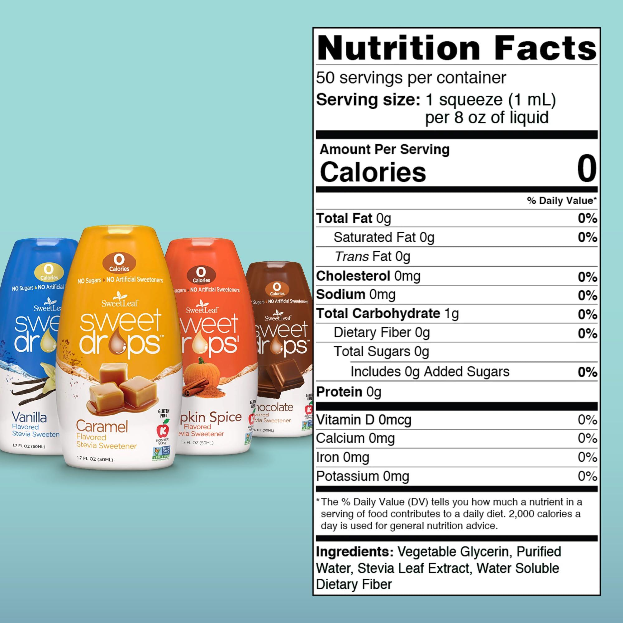 SweetLeaf SweetLeaf Sweet Drops - Stevia Liquid Variety Pack, Chocolate, Caramel, Vanilla, Pumpkin Spice, Sugar-Free Coffee Syrup Alternative, 1.7 Oz Ea (Pack of 4)