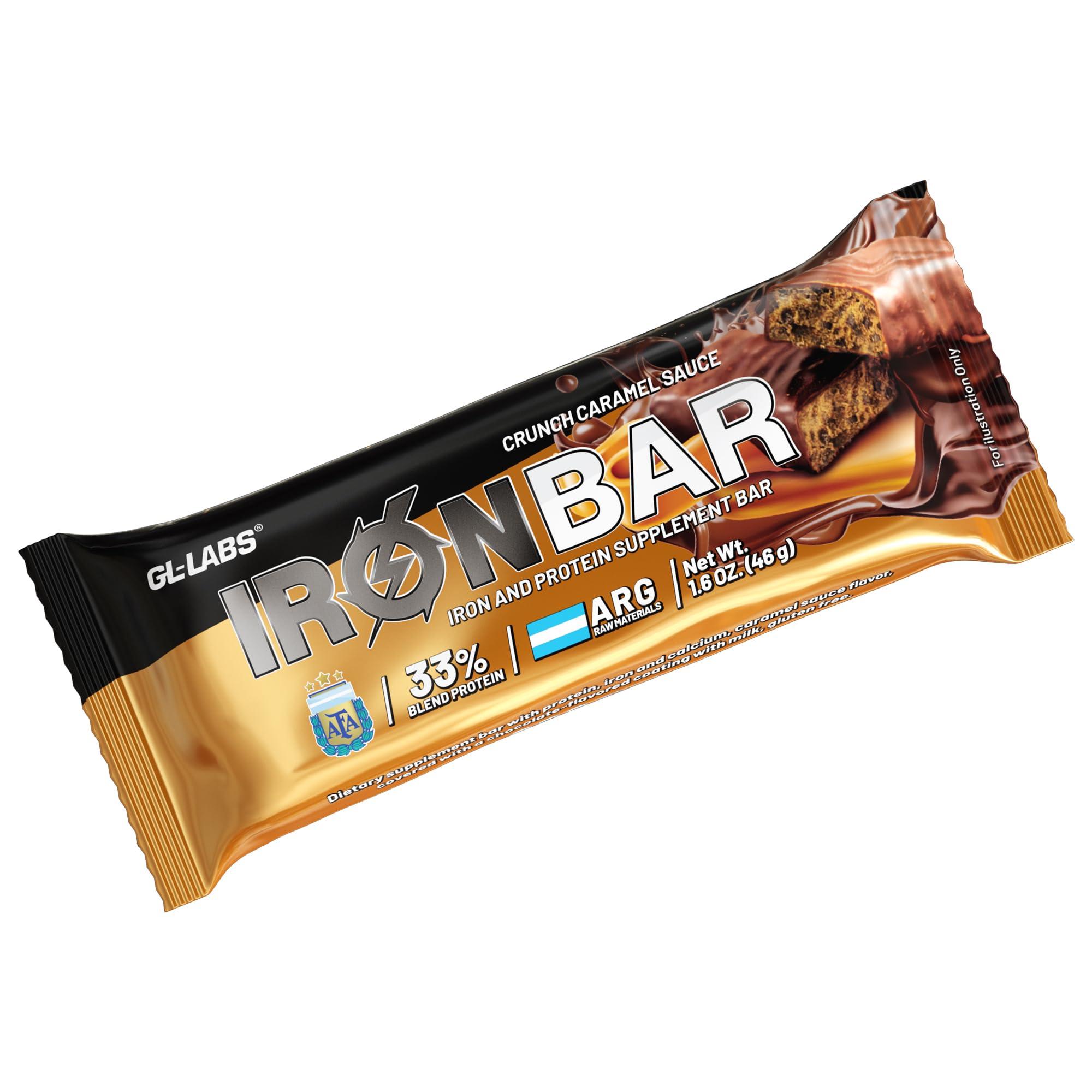 GL-LABS Iron Bar AFA Caramel Crunch - Argentine Dulce de Leche - Energy Protein Bars, High Protein, Natural flavor and Gluten Free 12 Count - Special edition Argentina World Champion