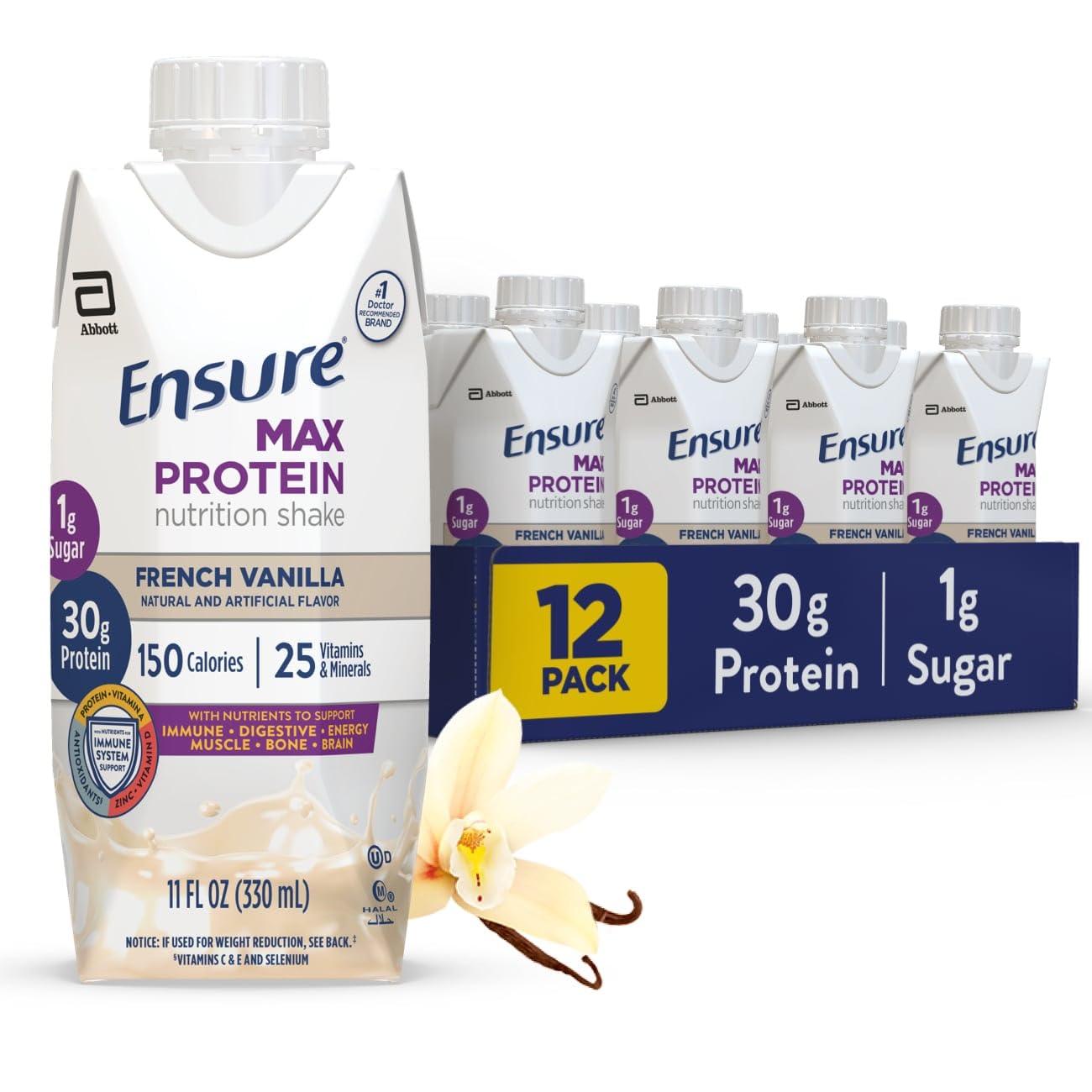 Ensure Ensure Max Protein Shake | French Vanilla | Meal Supplement Shake | Ready to Drink | 30g Protein for Muscle Building | 1g Sugar, 4g Fiber | 11 fl oz - 12 Pack
