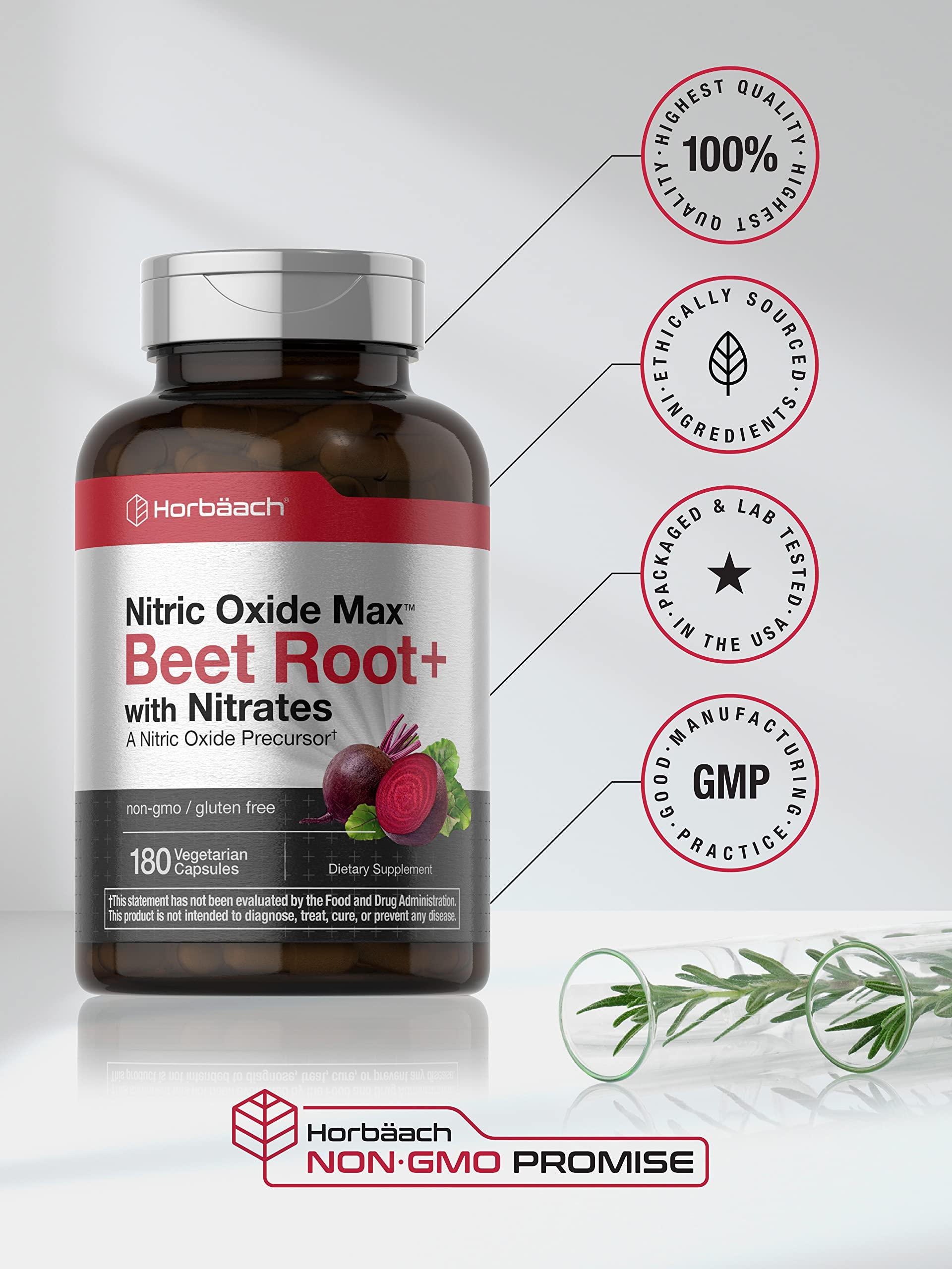 Horbach Horbach Nitric Oxide Beet Root Capsules | 180 Count | with Nitrates and Precursor | for Men and Women | Vegetarian, Non-GMO, Gluten Free Supplement