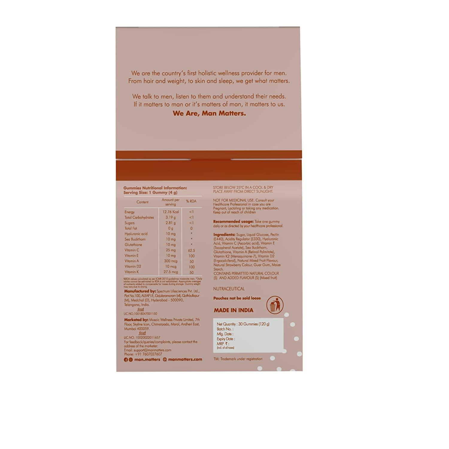 Metrol Metrol Man Matters Nourish Skin Gummies for Glowing Skin | Delicious Gummy with Vitamin C, Acid, Vitamin E & Sea Buckthorn | Gummies 30 Count