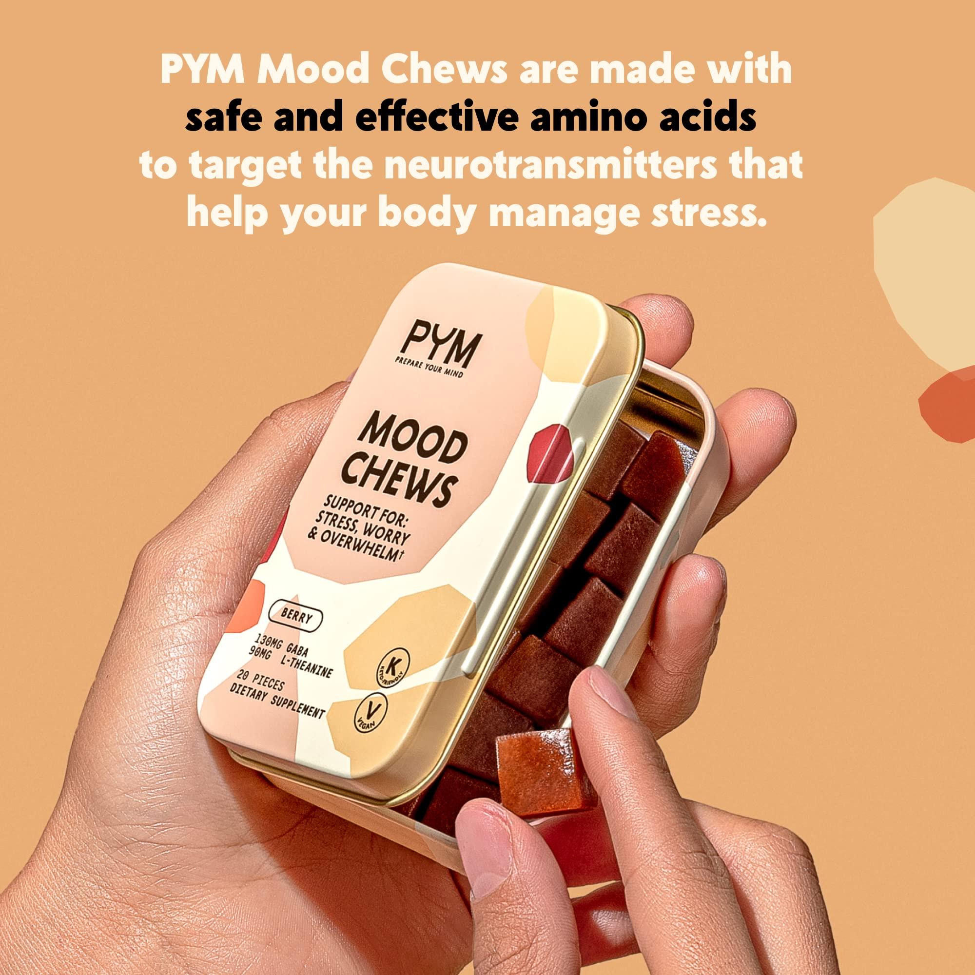 PYM Health PYM Berry Mood Chews Support for Stress, Worry & Overwhelm, 20 Count - 130mg GABA, 90mg L-Theanine - Vegan, Non-GMO, Gluten-Free, No Added Sugar - All-Natural Mood Balance Supplement Made in USA!