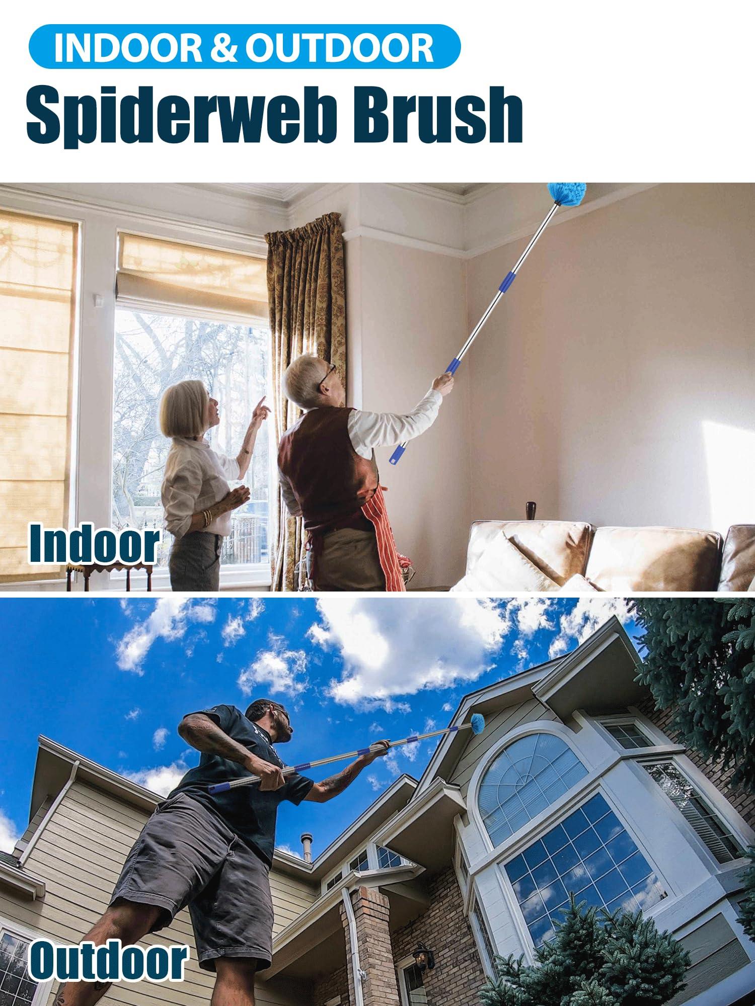 YOHSUGO Cobweb Duster with Extension Pole, Outdoor Spider Web Brush with 6 ft Long Handle, Metal Cob Web Remover for High Ceilings Fans Indoor Cleaning, Medium-Stiff Bristles Dust Brush, Lightweight Cleaner