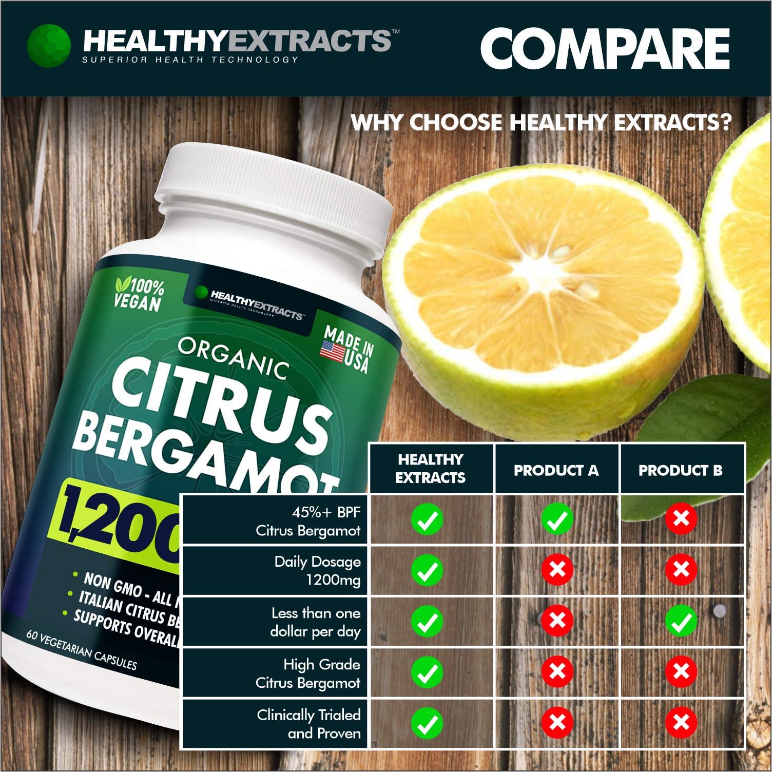 HEALTHYEXTRACTS Healthy Extracts Citrus Bergamot Supplement  150:1 Extract, 1200mg per Serving, 80% Polyphenols, Supplement for High Cholesterol, Italian Sourced, 60 Count, 1 Month Supply, Made in the USA