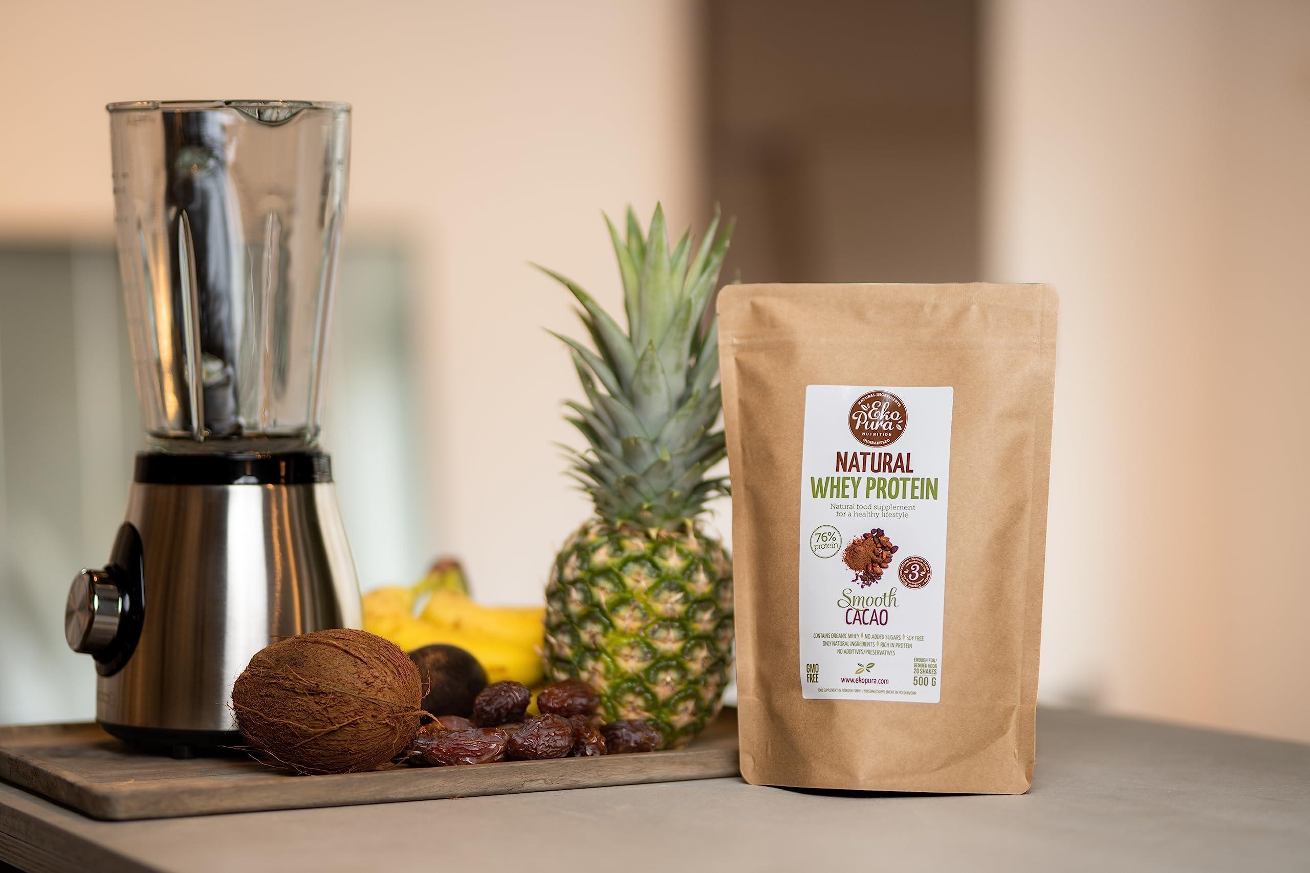 Ekopura Ekopura Natural Whey Protein - Cacao - 76% Protein, Organic Whey from Grass Fed Cows - Free of Nasties - 500g