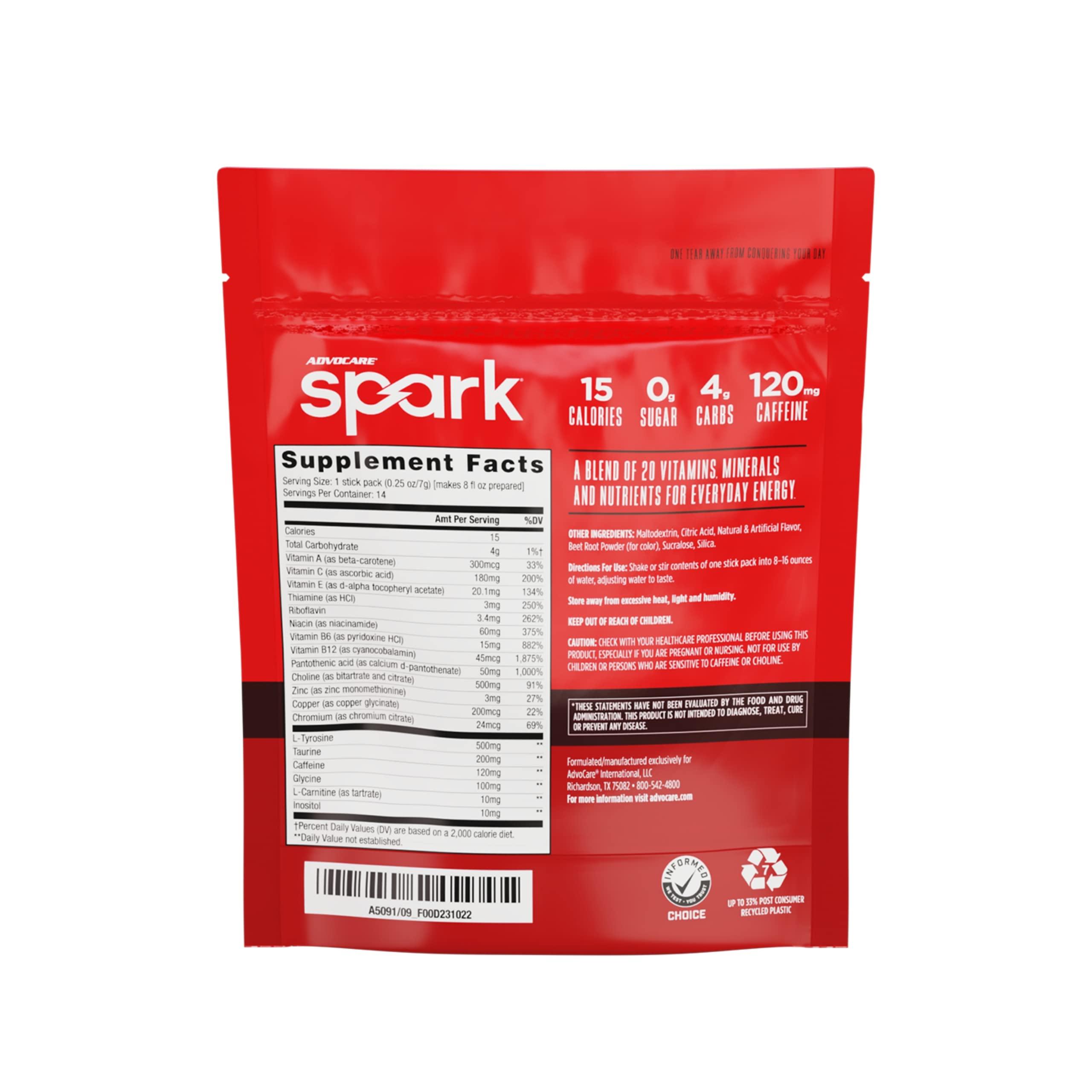 AdvoCare AdvoCare Spark Vitamin & Amino Acid Supplement - Focus & Energy Drink Powder Mix with Vitamin A, B-6, C & E - Also Includes L-Carnitine & L-Tyrosine - Cherry, 14 Stick Packs