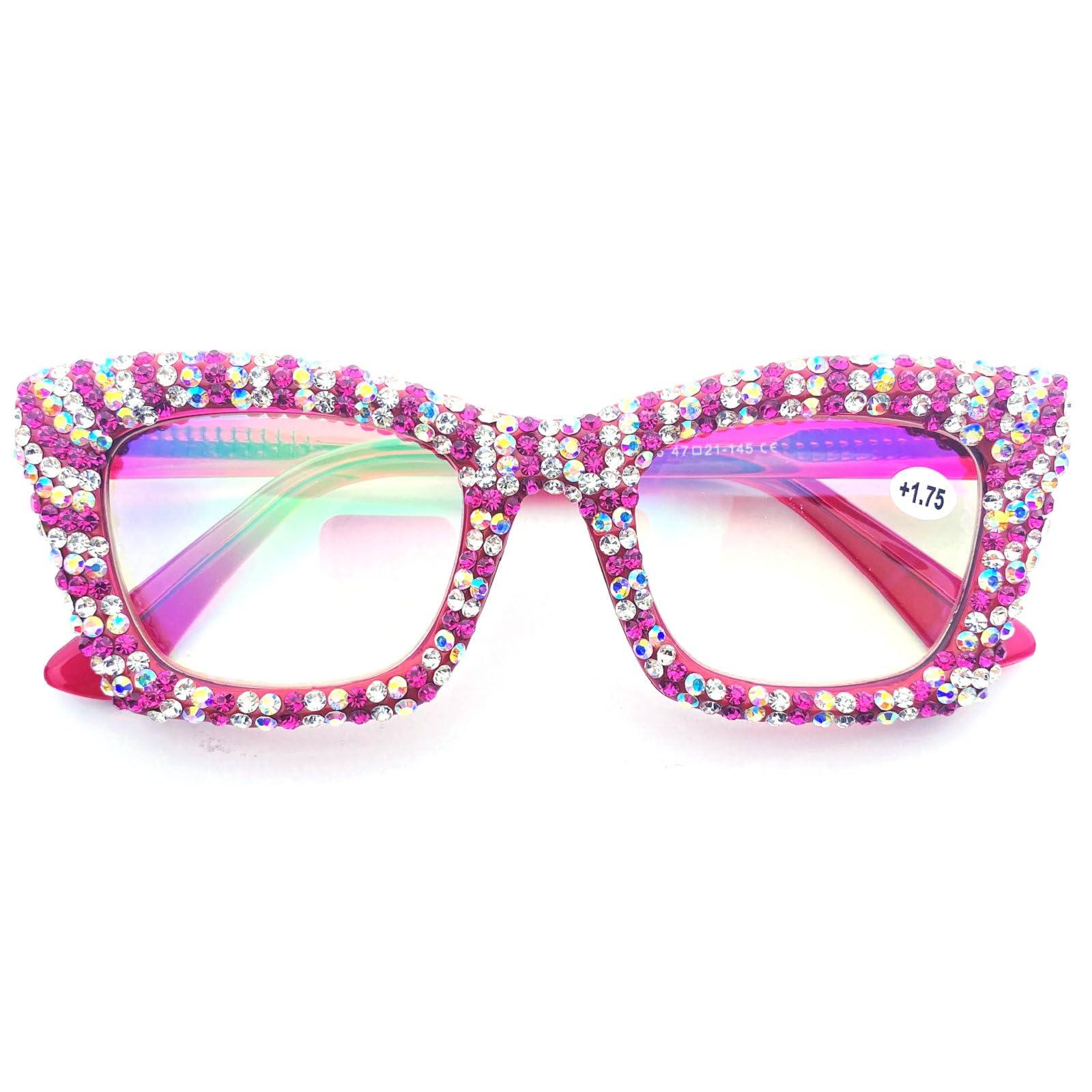 mincl mincl Oprah style Bling Rhinestone Reading Glasses for Women Shiny Diamond Blue Light Blocking Ladies Square Readers (rose, 1.25, x)
