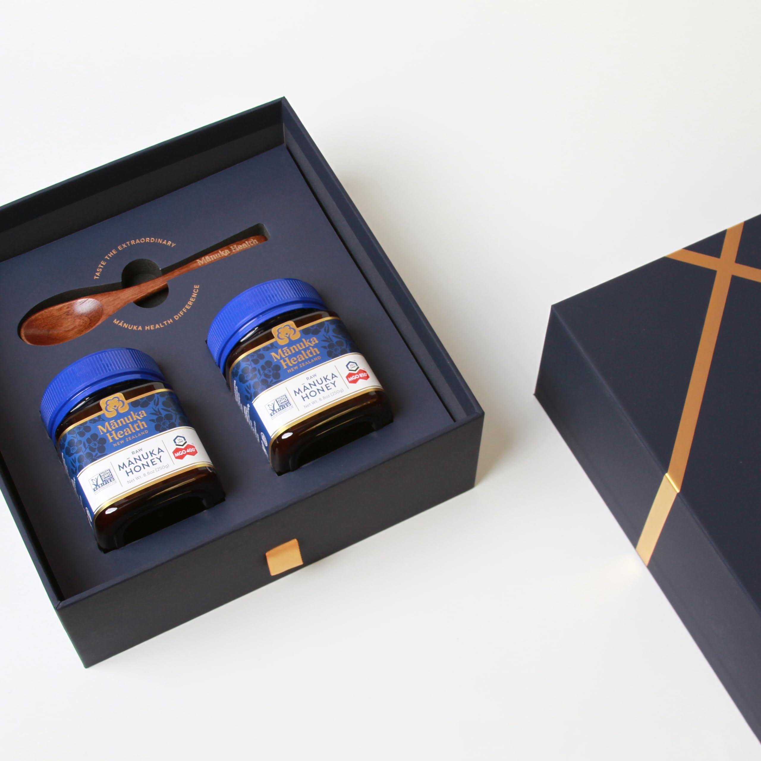 Manuka Health Manuka Health Holiday Gift Set, Certified Raw Manuka Honey from New Zealand, Includes UMF 20+/MGO 850+ 8.8oz Jar and UMF 13+/MGO 400+ 8.8 oz Jar with Wood Spoon
