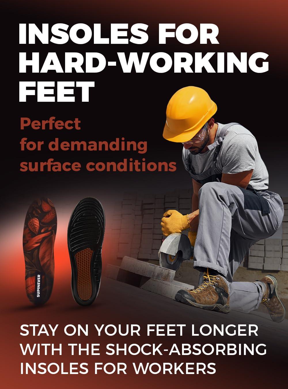 SUPINEVER () Work Boot Insoles for Men and Women - Low Arch Support - Effective Foot Pain Relief - All Day Comfort Orthotic Insoles - Shock-Absorbing Anti-Fatigue Shoe Inserts (S, Brown)