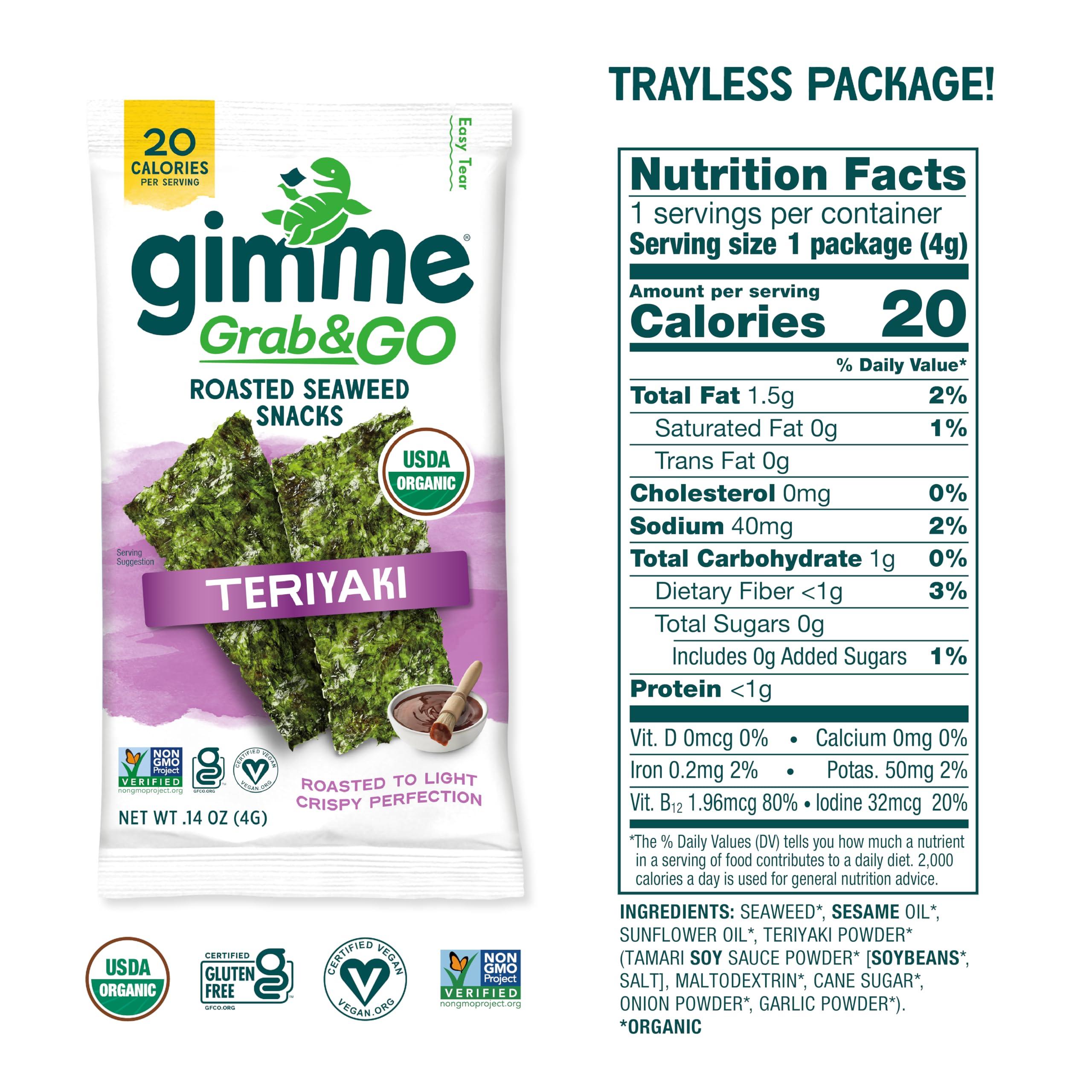 gimMe Gimme Seaweed Grab & Go Organic Premium Roasted Seaweed Snacks, Teriyaki, 5 Count Trayless, Keto, Vegan, Gluten-Free, Source of Omega3s and Iodine, Healthy On-The-Go Snack for Kids and Adults