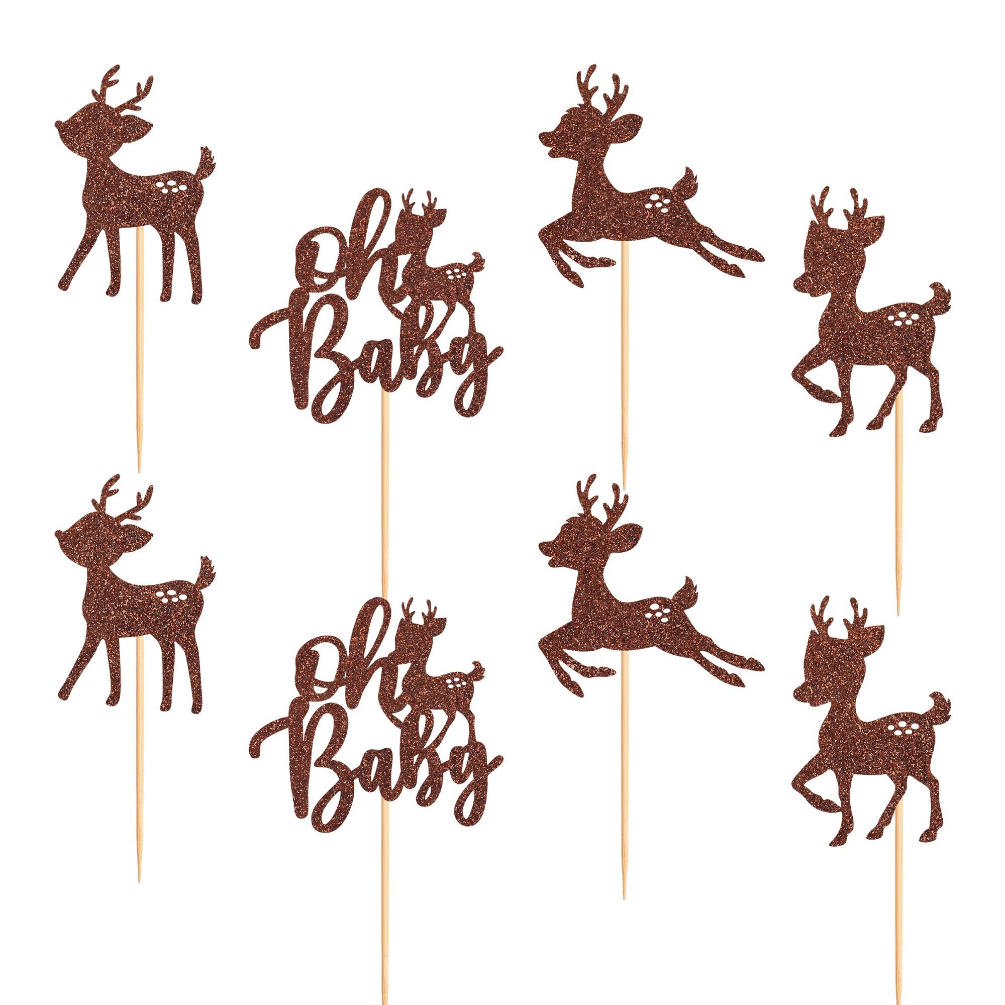Ercadio Ercadio 36 Pack Deer Cupcake Toppers Brown Glitter Deer Oh Baby Cupcake Toppers Deer Cupcake Picks for Christmas Theme Deer Birthday Baby Shower Cake Decoration Supplies