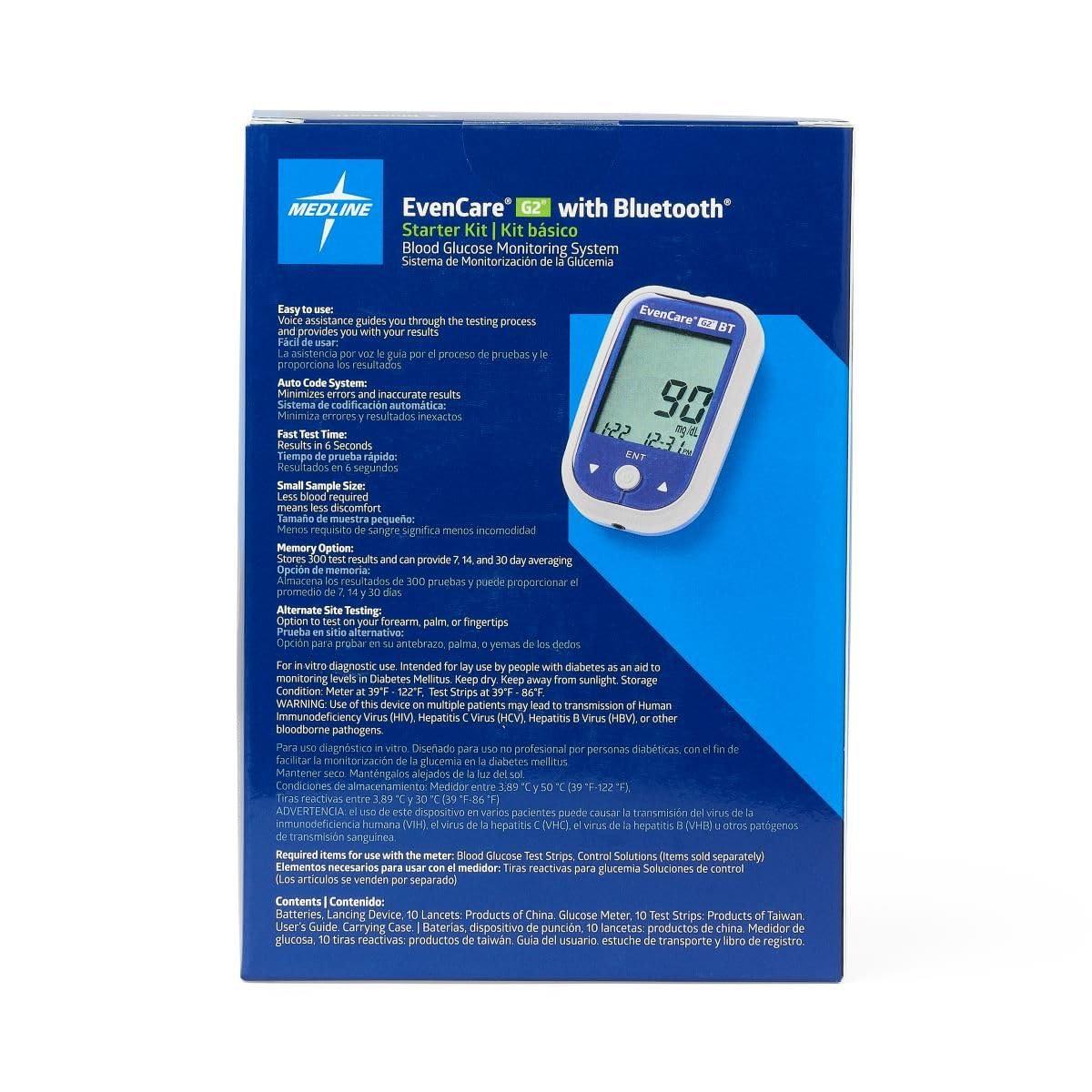 Medline Medline EvenCare G2 Blood Glucose Monitoring Meter with Bluetooth Connectivity Starter Kit with Reusable Lancing Device, 10 Lancets, 10 Test Strips, User\'s Guide, and Carrying Case