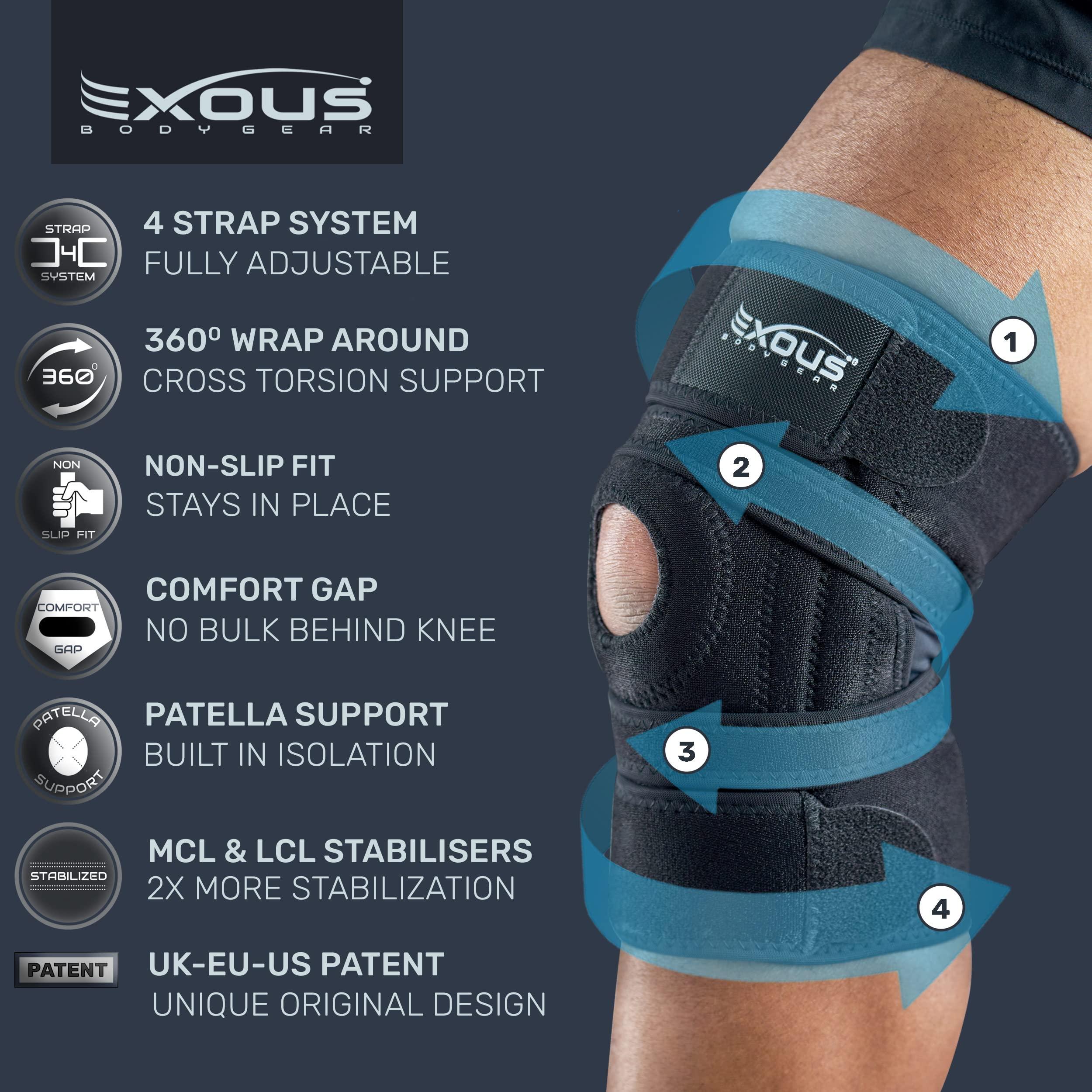 EXOUS BODYGEAR EXOUS BODYGEAR Knee Brace Meniscus Tear Support For Arthritis Acl, Mcl Pain Patented 4-way Adjustable Wraparound Strap Dual Side Stabilizer For Patella Stability Size [medium]