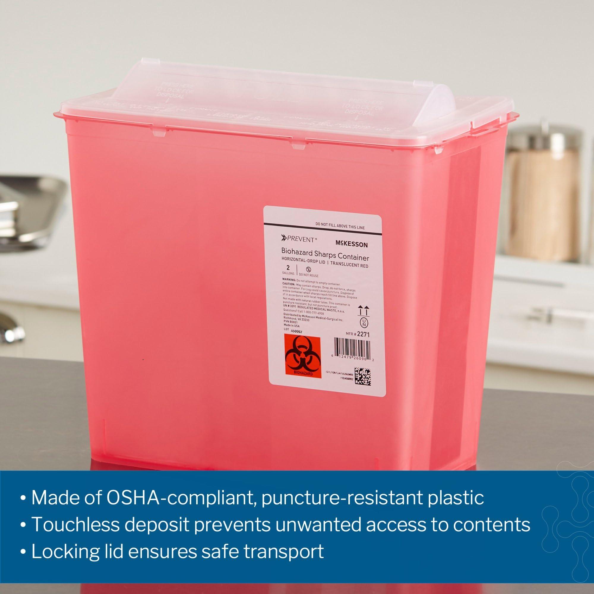 McKesson McKesson Prevent Sharps Container for Home Use, 2 Gallon - for Biohazard Infectious Waste, Needle and Syringe Disposal - Translucent, Touchless Lid - Red, 1 Count