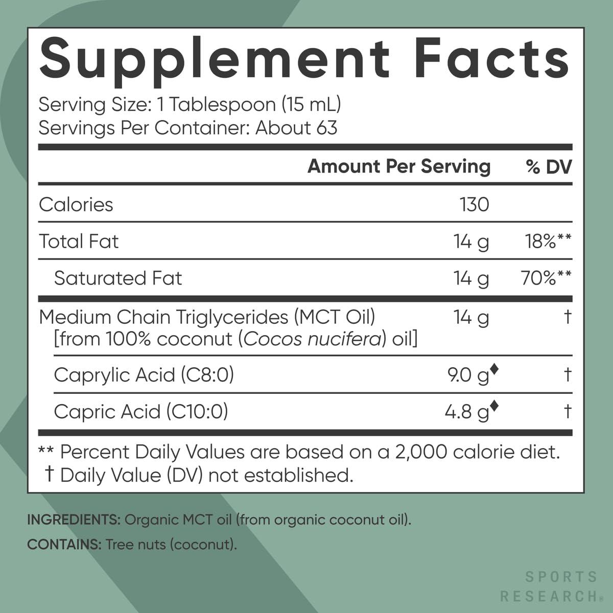 Sports Research Sports Research Organic MCT Oil - Keto & Vegan MCTs C8, C10 from Coconuts - Fatty Acid Brain & Body Fuel, Non-GMO & Gluten Free - Flavorless Oil, Perfect in Coffee, Tea & Protein Shakes - 40 oz