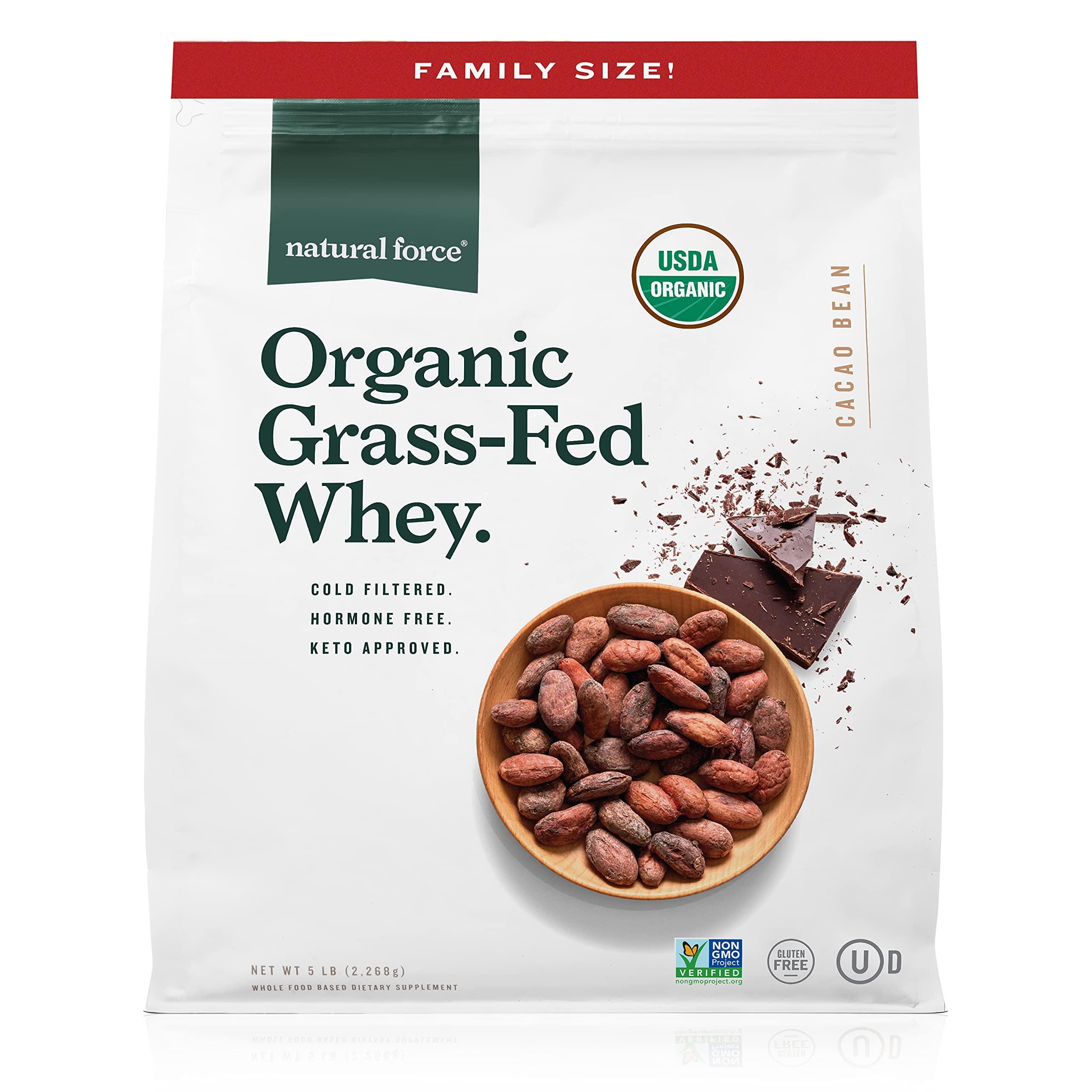 Natural Force Natural Force Whey Protein Powder Chocolate, 5 lbs Grass Fed Organic, Pure, Keto & Paleo Friendly, Low Carb, Kosher, Non GMO Family Size A2 Protein