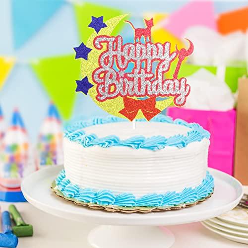 Caiwowo Moon Cat Happy Birthday Cake Topper - Moon Girls Sailor Birthday Party Glitter Cute Cat Cake Supplies - Pink Girl Happy Birthday Party Decoration