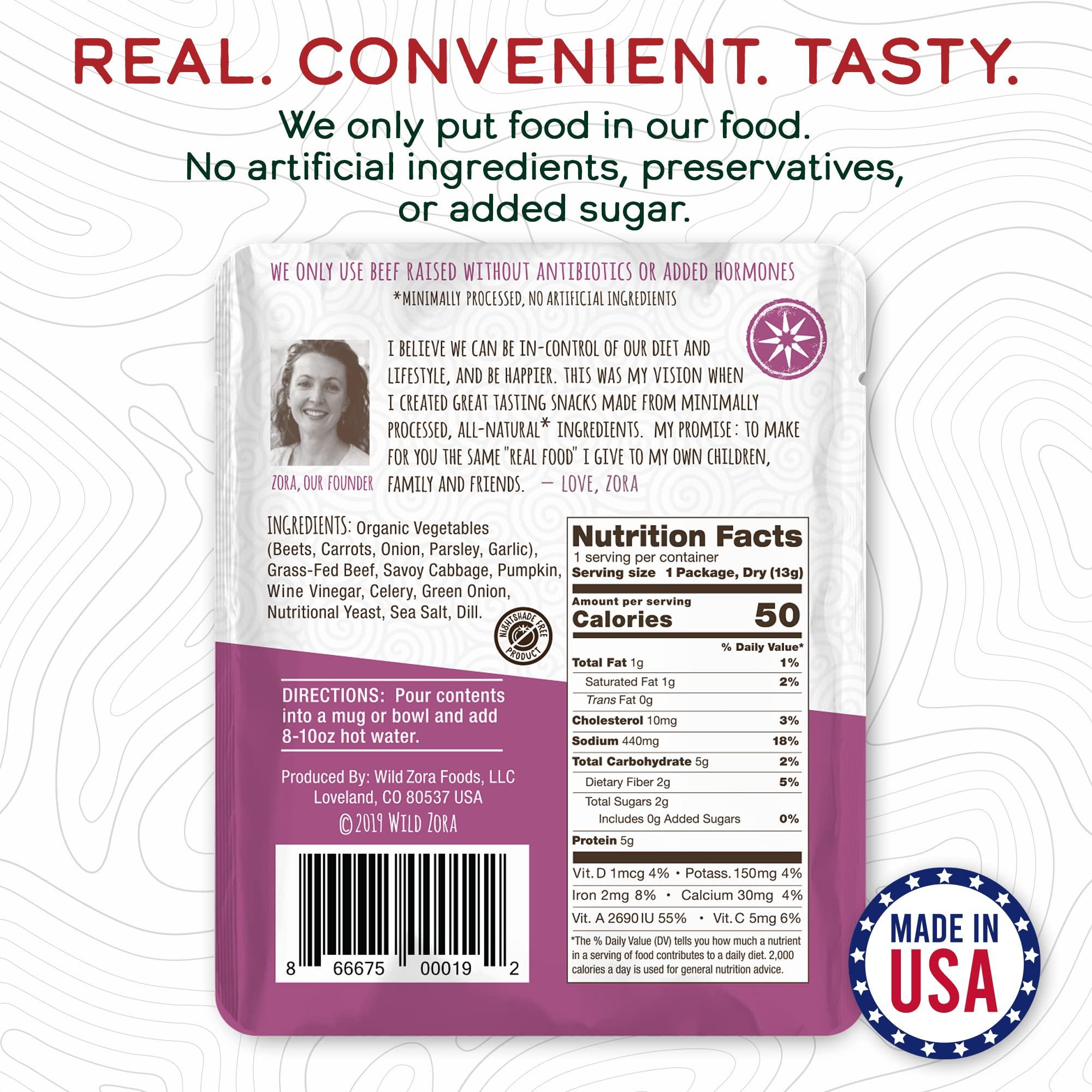 WILD ZORA Wild Zora Instant Keto-Friendly Soups 5-Pack Variety, Broth Made with Grass-Fed Beef, Free-Range Chicken, and Vegetables, Gluten-Free, Low Carb, No Added Sugar, Flavorful Pantry Staples - 0.5oz/13g