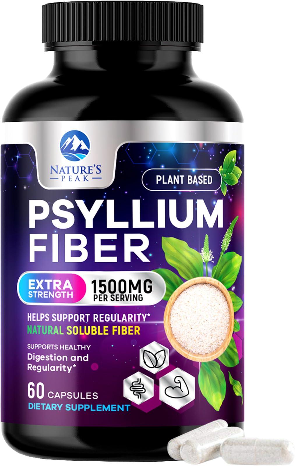 Nature\'s Peak Psyllium Husk Powder Caps 1500mg - Non-GMO, Natural Soluble Fiber for Daily Digestive Health & Regularity Support, Vegan Psyllium Fiber Supplement with Plant Based Fiber, Sugar Free - 60 Capsules