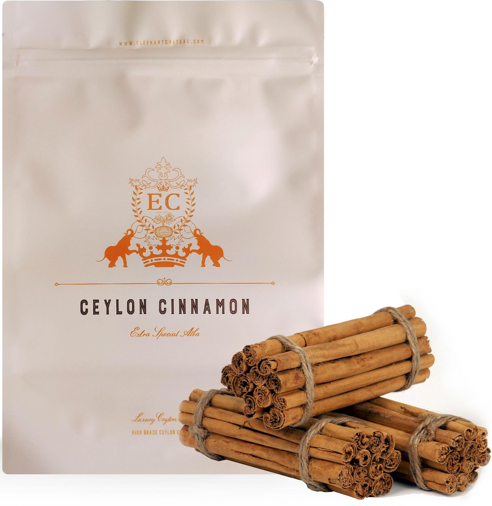 Elephant Chateau Ceylon's Finest True Alba Cinnamon (Canela Ceilan) | 6" Long Cinn Sticks | Fresh Harvest | Naturally Sweet Cinnamomum Zeylanicum (Verum) | Lanka Luxury Spices | 150 Grams (Approx 20-25 Quills)