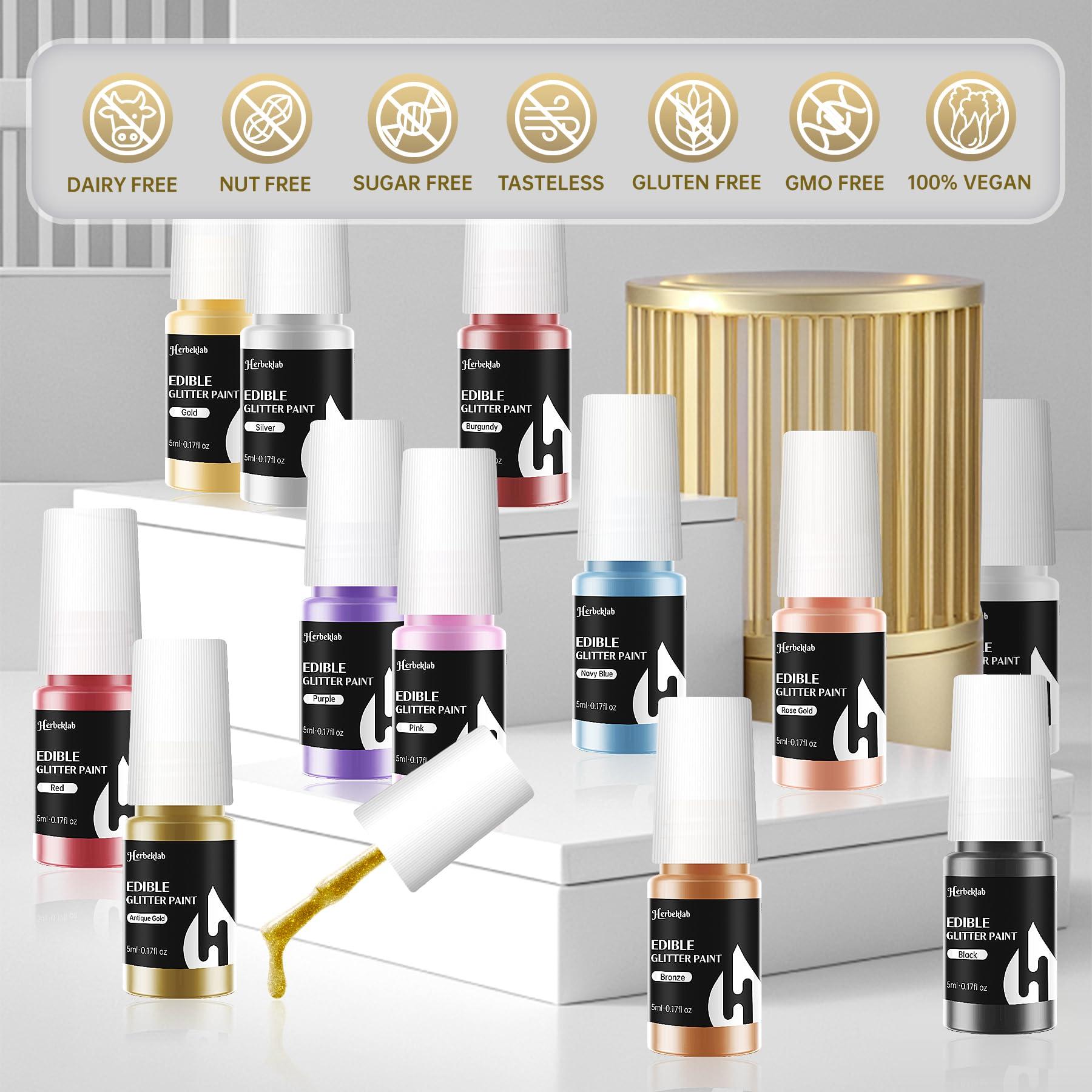 Herbeklab Edible Paint 12 Colors Edible Glitter Paint Metallic Cake Paint Shiny Food Paint for Cake Decorating Cookies Fondant Edible Art Decorative Icing Paint, 5ml / bottle