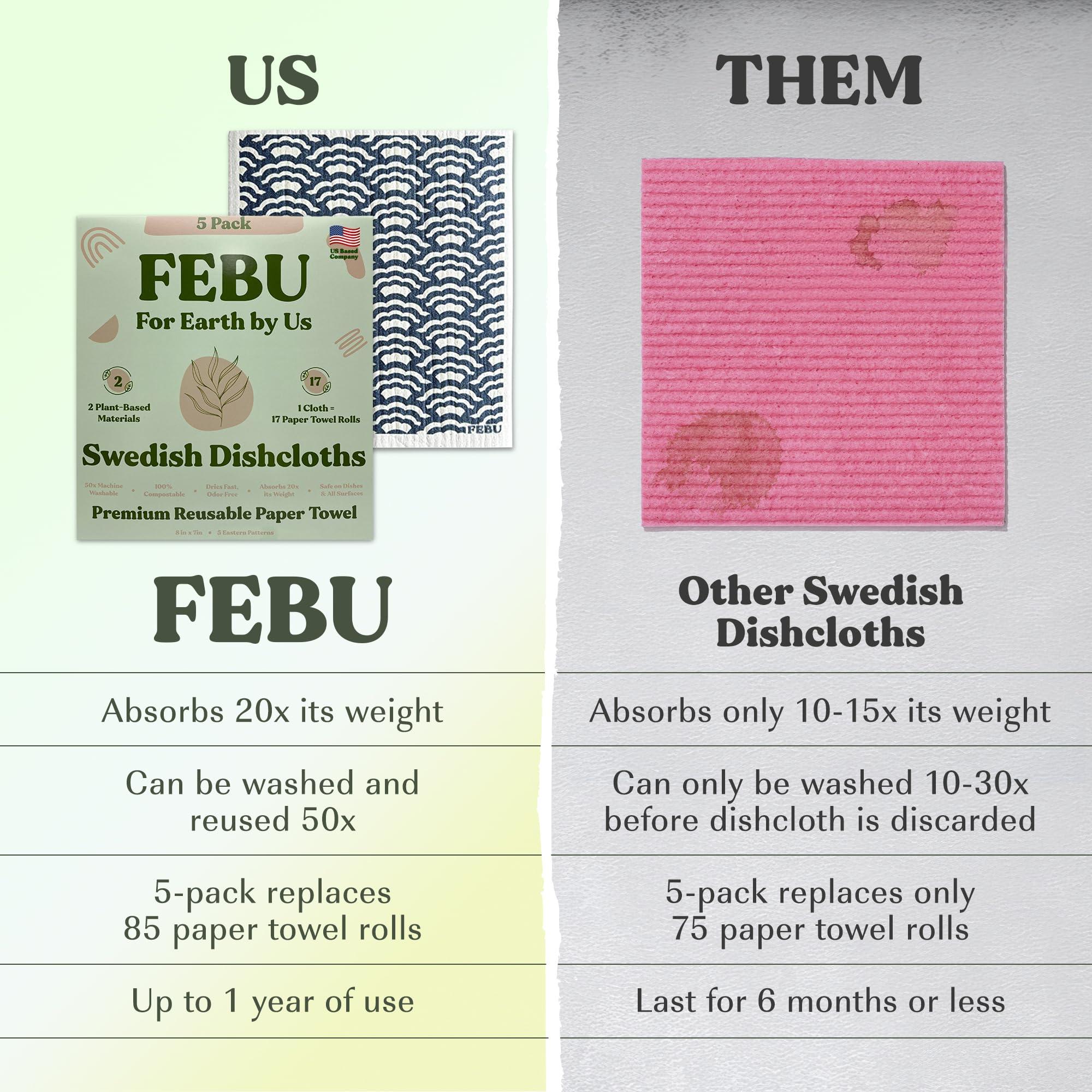FEBU FEBU Swedish Dishcloths for Kitchen | 5 Pack Eastern Reusable Paper Towels Washable | Swedish Dish Towels | Non-Scratch Cellulose Sponge Cloths | No Odor, Biodegradable Cleaning Cloths
