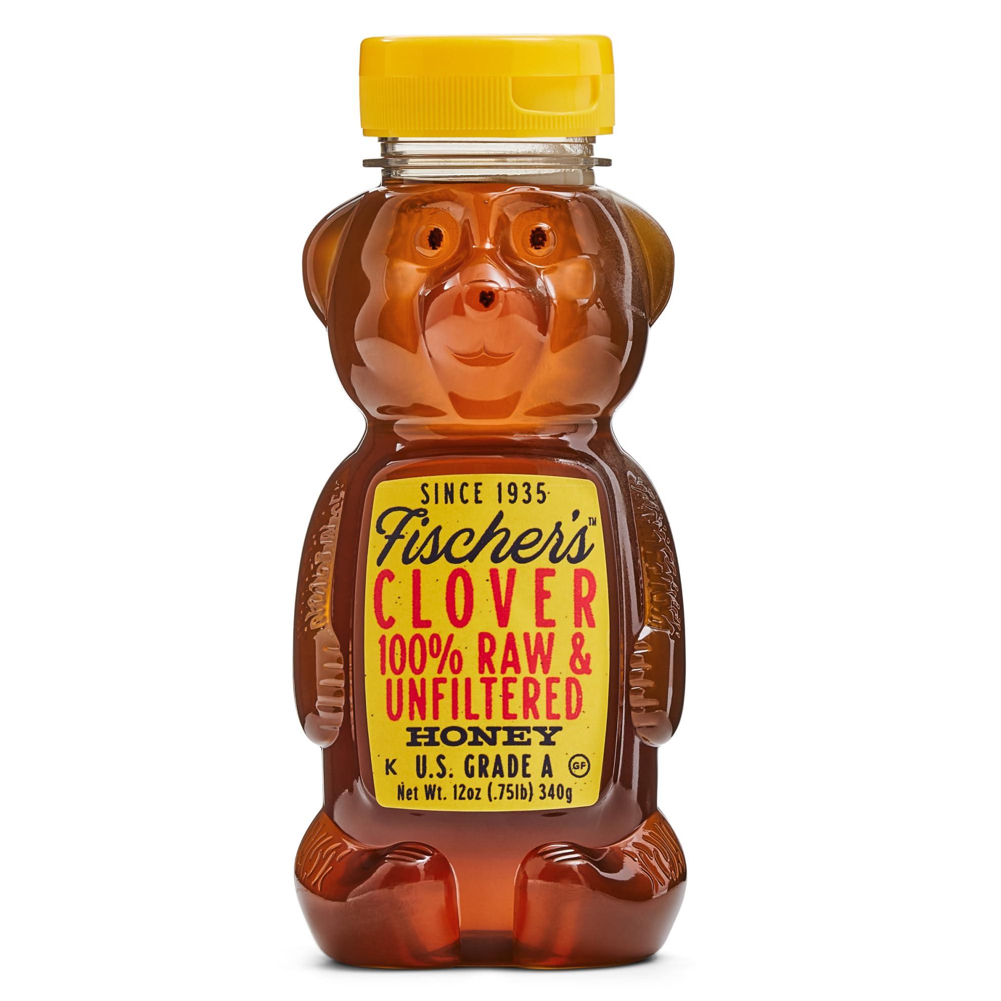 Fischer\'s Fischers 100% Clover Honey, 12 Oz Pure, Raw & Unfiltered Honey Squeezable Honey Bear Bottle Gluten-Free, Non-GMO All-Natural Sweetener