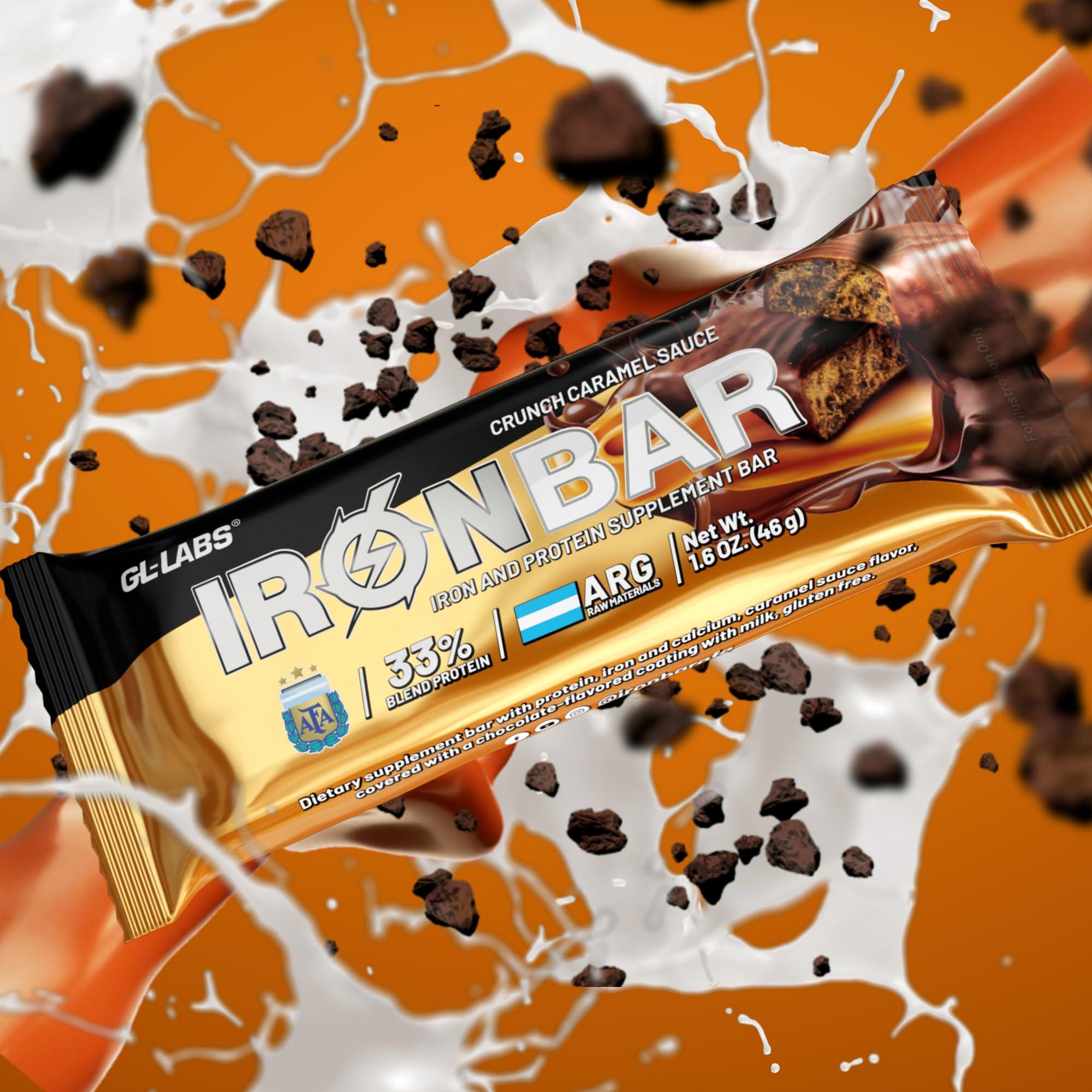 GL-LABS Iron Bar AFA Caramel Crunch - Argentine Dulce de Leche - Energy Protein Bars, High Protein, Natural flavor and Gluten Free 12 Count - Special edition Argentina World Champion