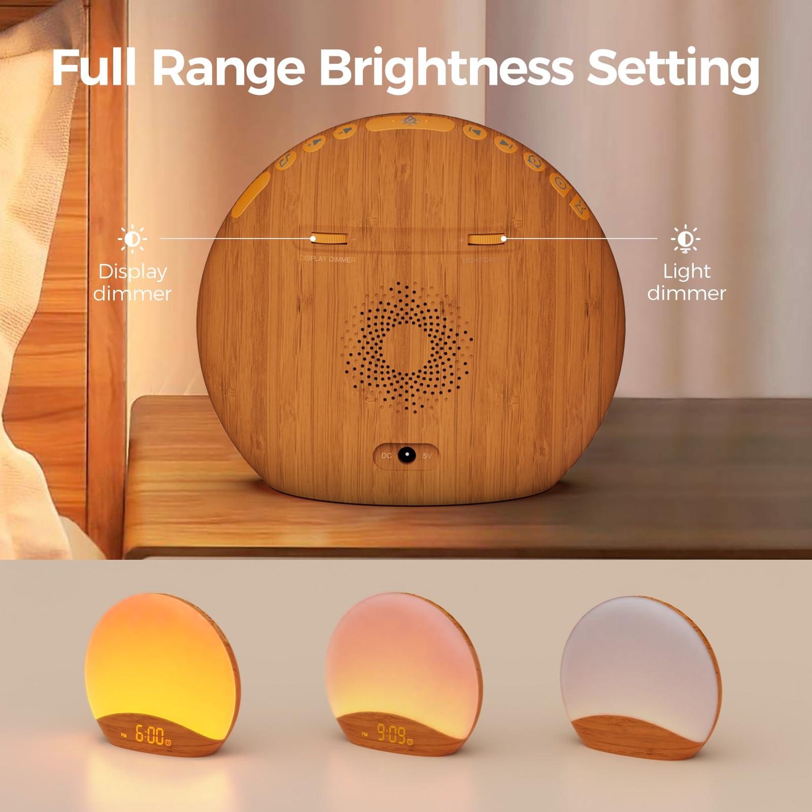 REACHER REACHER Wood Grain Sunrise Alarm Clock and Sound Machine Nightlight, Digital Dimmable Clock for Bedroom, 26 Sleep Sounds, White Noise Machine for Baby, Adults, Wake Up Light Alarm Clock for Kids