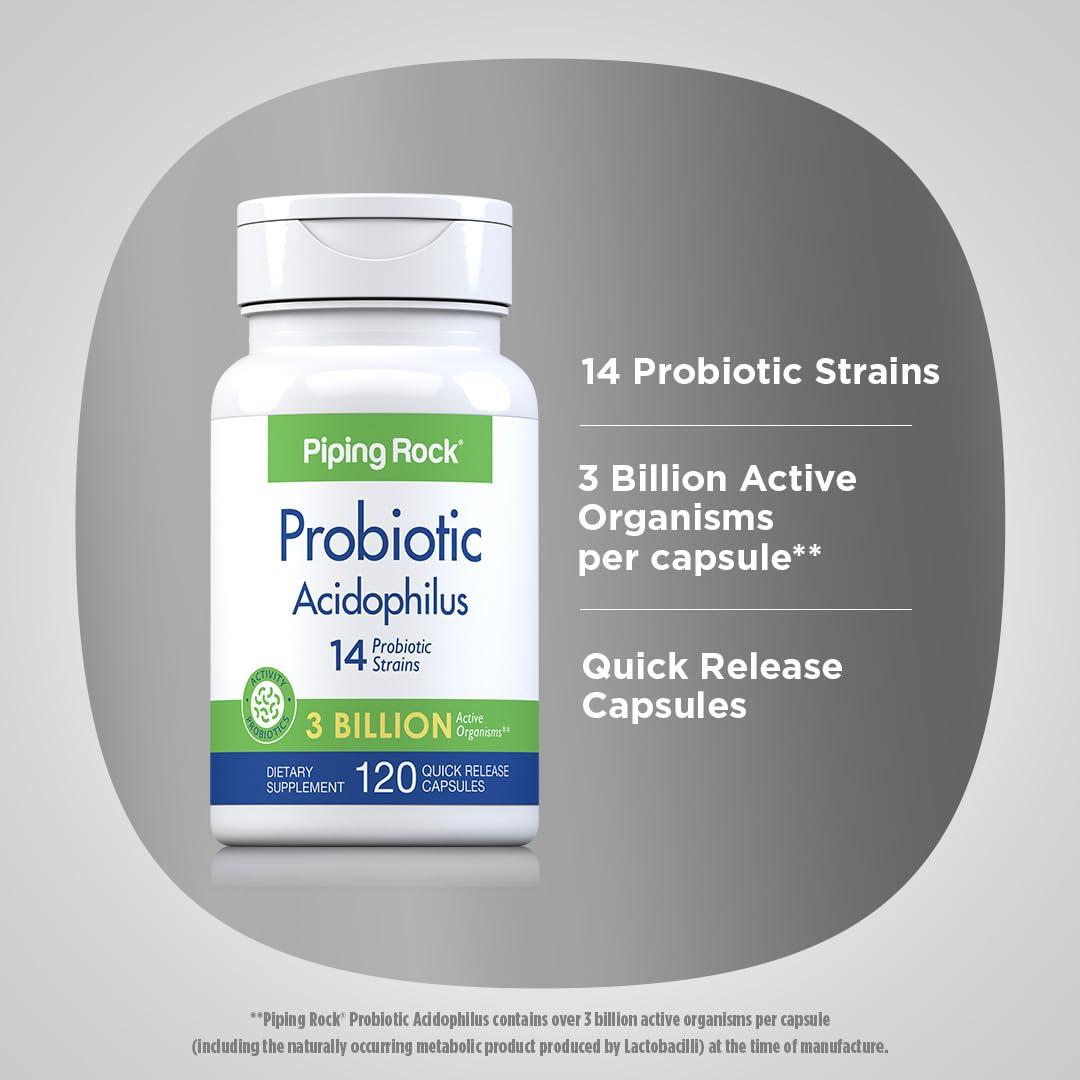 Piping Rock Piping Rock Probiotic Acidophilus Capsules for Women and Men | 3 Billion Live Cultures | 120 Pills | 14 Strains Supplement | Non-GMO, Gluten Free