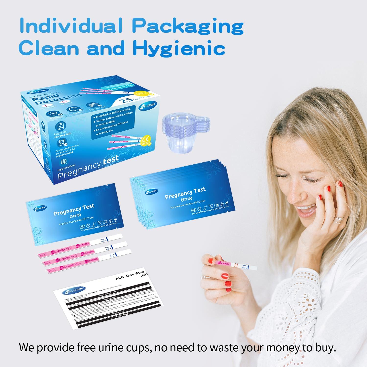 HEAL-CHECK Pregnancy Tests with Cup, HEAL-CHECK Bulk Pregnancy Test Strips for Home Detection, Over 99% Accuracy, Individually Wrapped, Extra-Wide 5mm HCG Test Kit Comfortable Grip, 25 Count, Pruebas De Embaraz