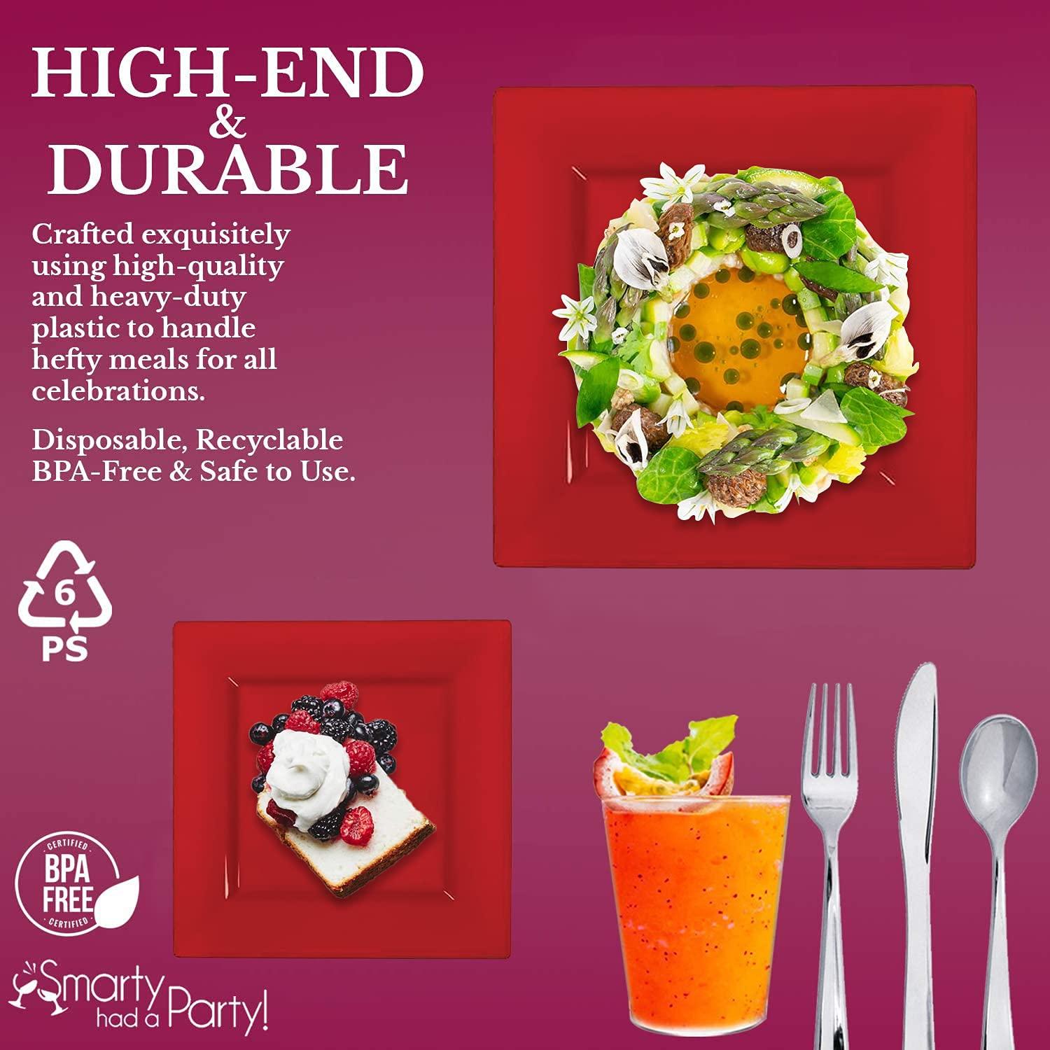 Smarty Had A Party Elegant Disposable Plastic Dinnerware Set, Heavy Duty Plastic Plates (Red, Wedding Value Set (60 Guests))