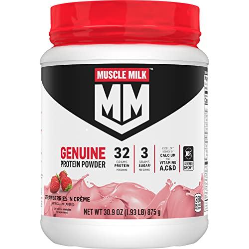 Muscle Milk Muscle Milk Genuine Protein Powder, Strawberries ‘N Crème, 1.93 Pounds, 12 Servings, 32g Protein, 3g Sugar, Calcium, Vitamins A, C & D, NSF Certified for Sport, Energizing Snack, Packaging May Vary