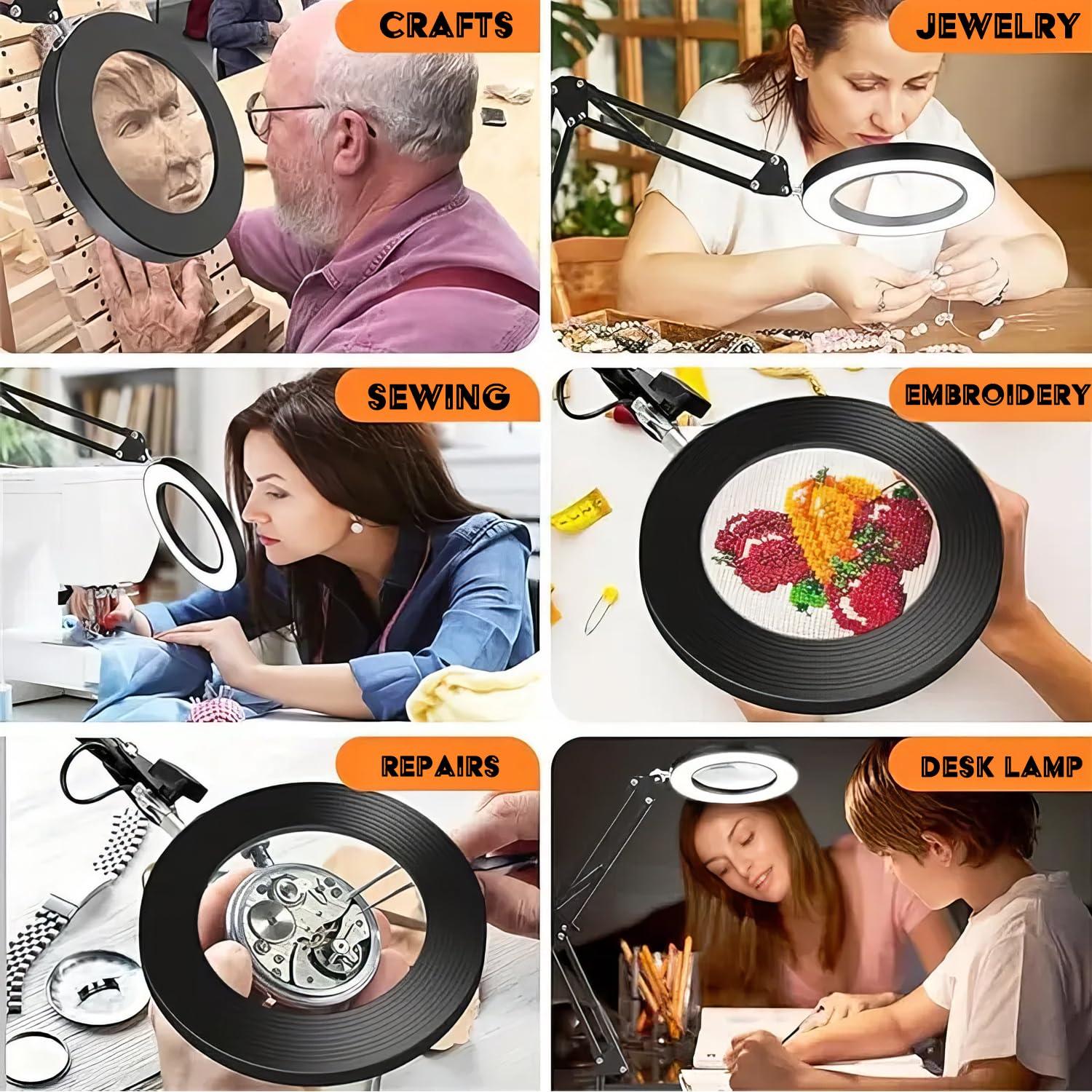 Soobuygoo 15X Magnifying Glass with Light, Table Lamp with Stand and Clamp, 2-in-1 LED Desk Lamp with Magnifier, 3 Color Modes, 72 LEDs, Real Glass Lens for Close Works, Craft, Hobby, Painting, Reading, Repair