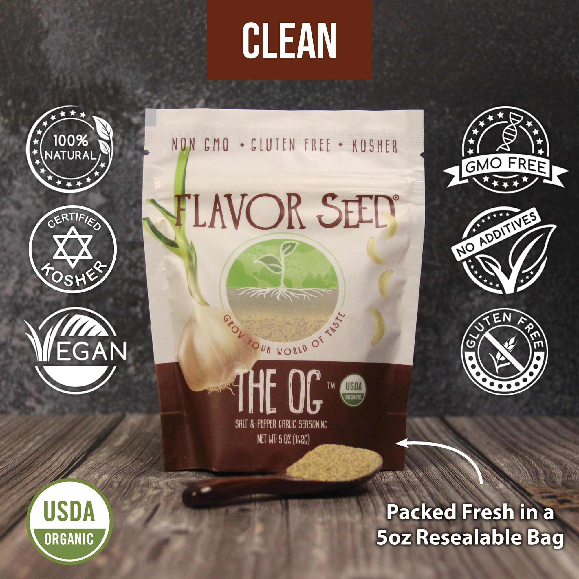 Flavor Seed Flavor Seed The OG Organic Salt Pepper Garlic Seasoning Mix. Organic Popcorn Seasoning. Seasonings and Spices for Cooking. Plant Based, Preservative Free, Non GMO, Keto, Paleo, Gluten Free, Kosher, Dairy Free, Vegan Spice Blend. Resealable 5 oz Pouch
