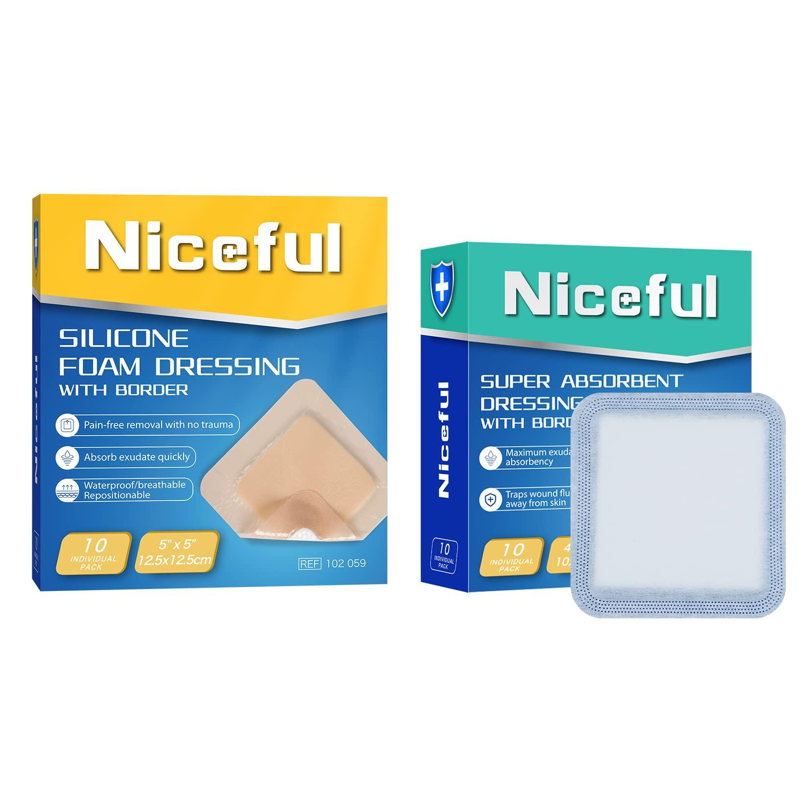 Niceful Niceful 10 Packs Ultra Soft Super Absorbent Wound Dressing 4\"x4\", 10 Packs Silicone Foam Dressing 5\"x5\", Highly Absorbent Wound Dresing Large Wound Bandages for Bedsore uler