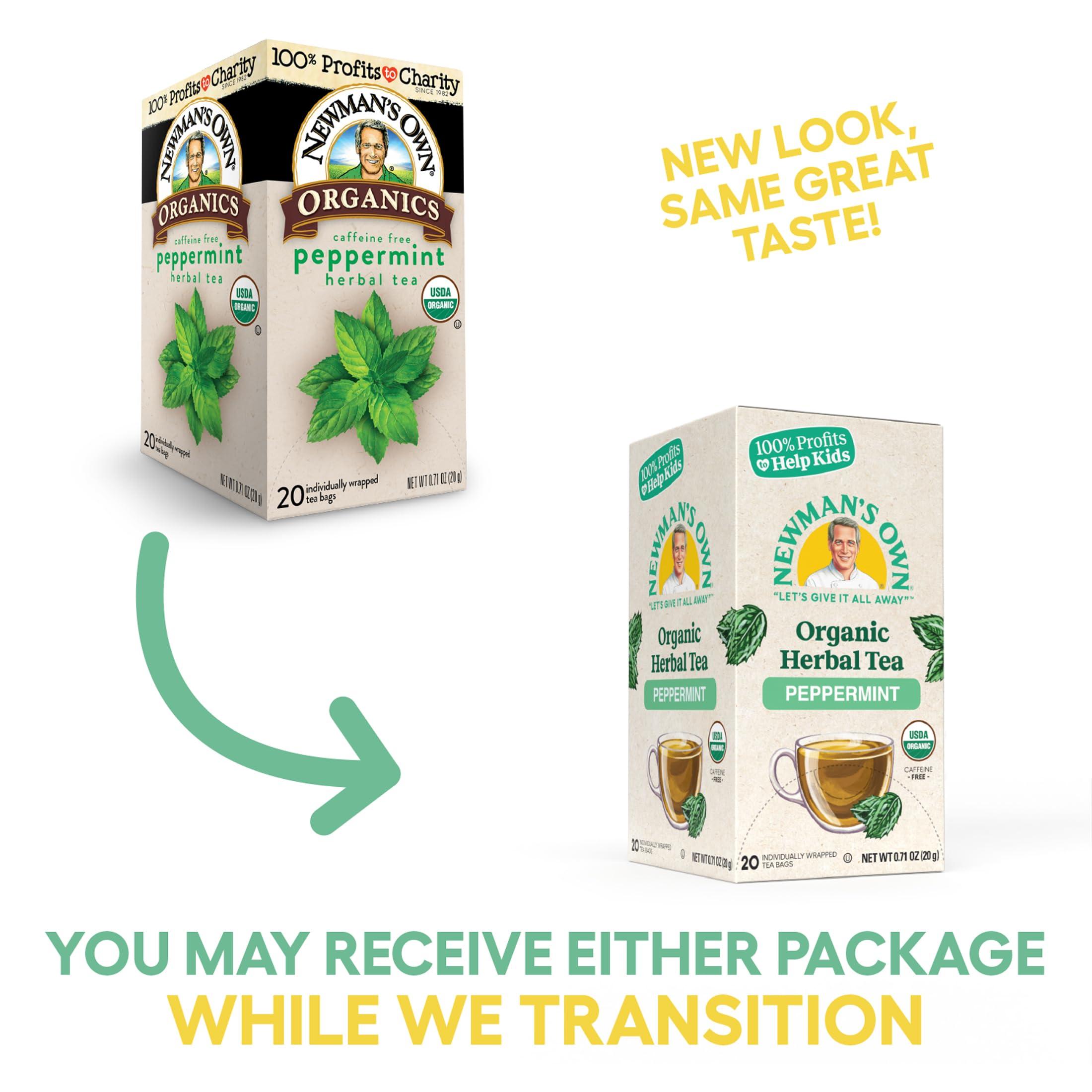 Newman's Own Newman\'s Own Organic Peppermint Tea Caffeine Free Refreshing Mint Herbal That May Aid Digestion with 20 Individually Wrapped Bags Per Box (Pack of 2) USDA Certified 40 Count