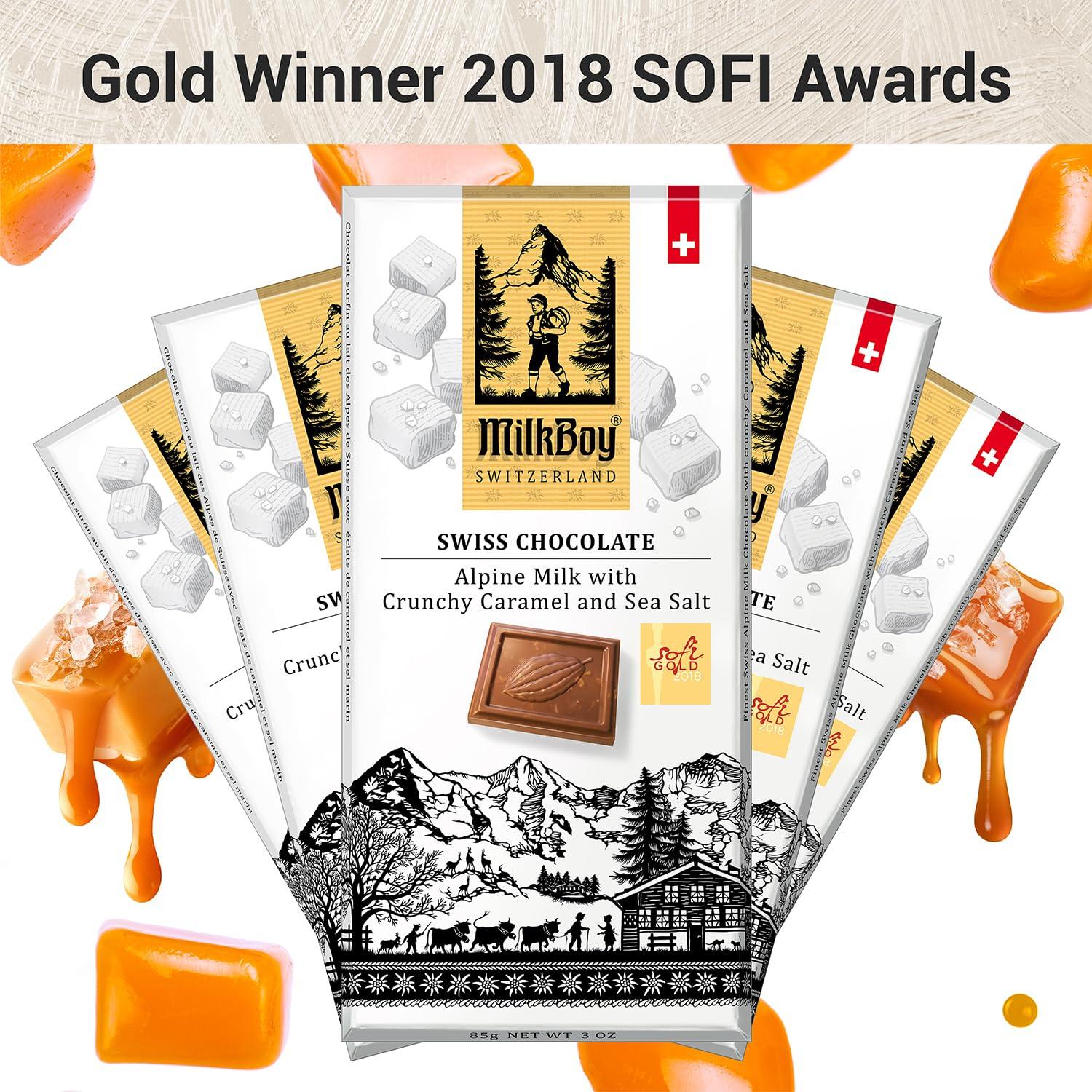 Milkboy Swiss Chocolates Milkboy Swiss Milk Chocolates - Alpine Milk Chocolate Bars with Crunchy Caramel Sea Salt - Gluten-Free Non-GMO All Natural - Made in Switzerland - 3 oz, Pack 5