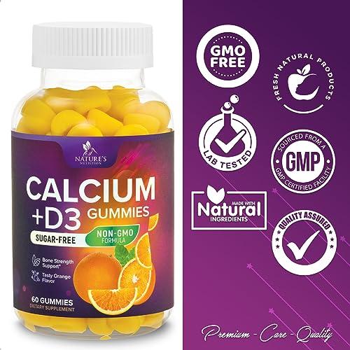 Nature\'s Nutrition Sugar Free Calcium Gummy Bites Plus 400 IU Vitamin D3, Bone Health & Immune Support, Supports Bone Strength - Chewable Calcium Nutrition Supplement, Non-GMO, Berry Flavor Chews - 60 Gummies