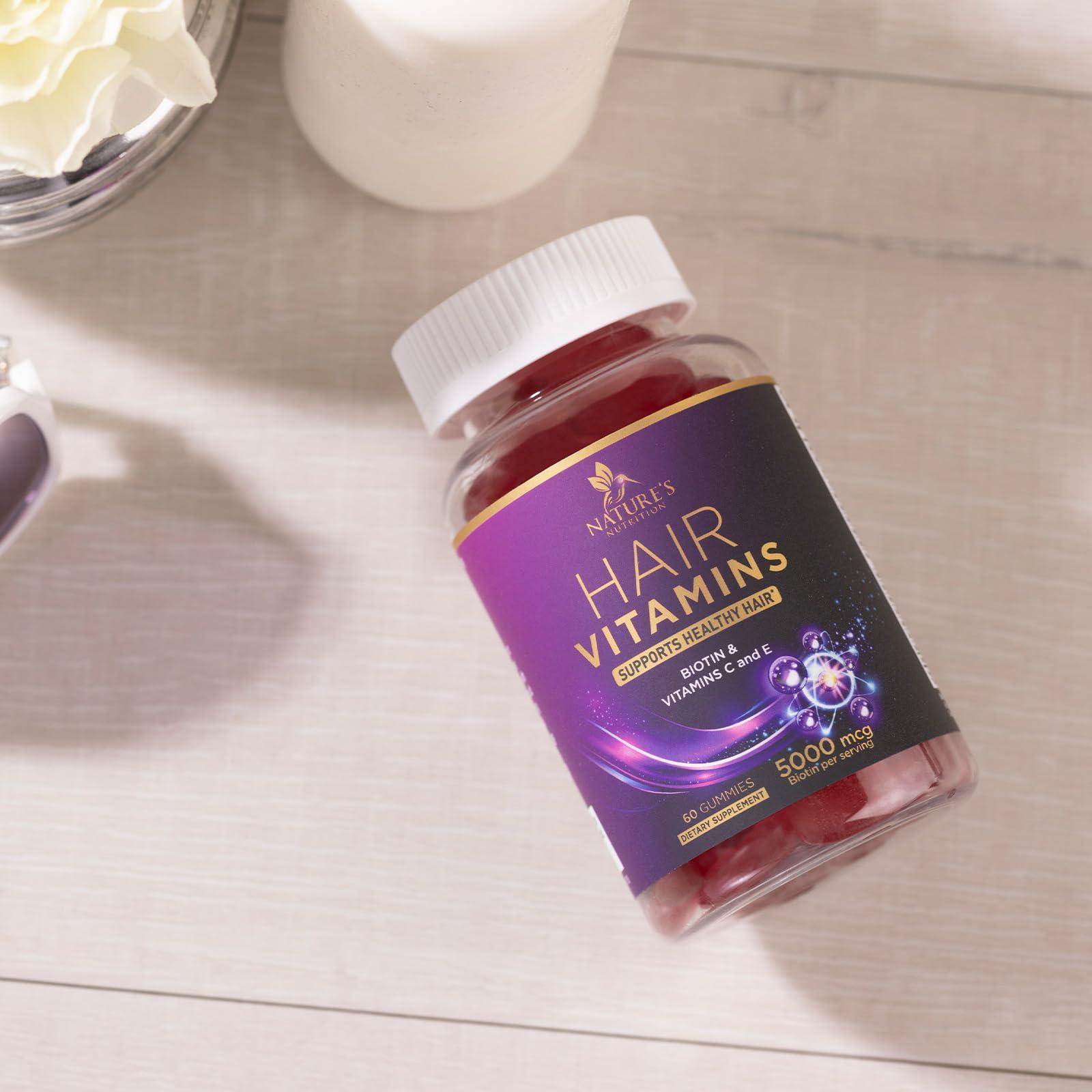 Nature's Nutrition Hair Growth Supplement Gummy for Stronger, Radiant Hair, Skin & Nails - Hair Vitamins with Biotin 5000 mcg and Vitamin E & C, Nature\'s Extra Strength Hair Vitamins for Women & Men - 60 Gummies