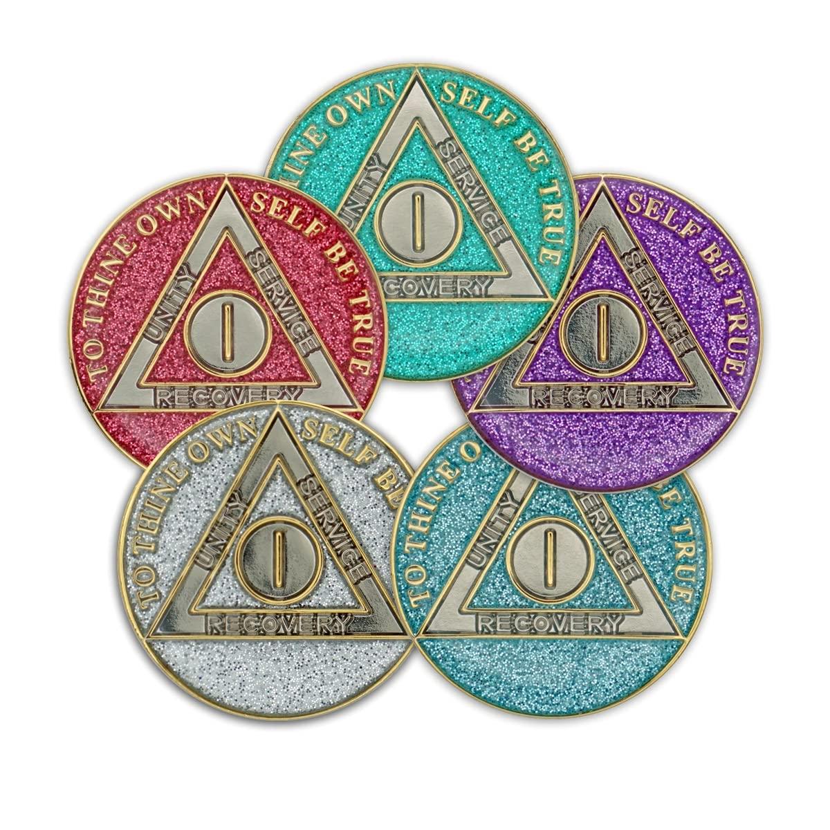 The Token Shop 1 Year Sobriety Coin | Glitter Triplate AA Chip Recovery Anniversary Token (Silver)