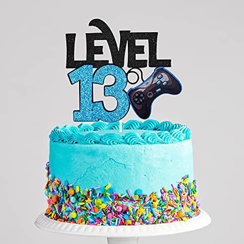 Caiwowo Level 13 Game Birthday Cake Topper - Video Game Boy's 13th Birthday Level Up Party Blue Cake Supplies - Game On Winner Gaming Party Decoration